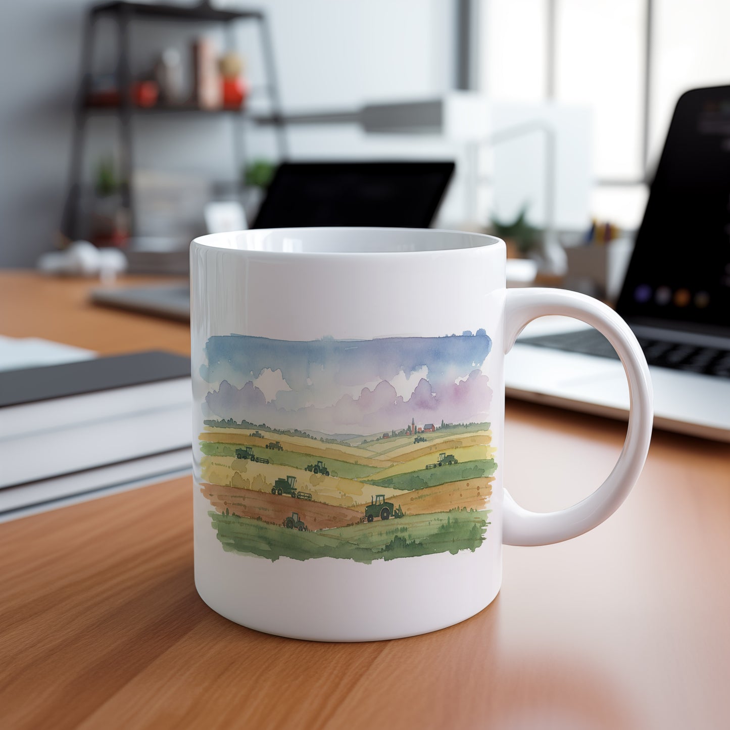 Hrnek s traktory na polích