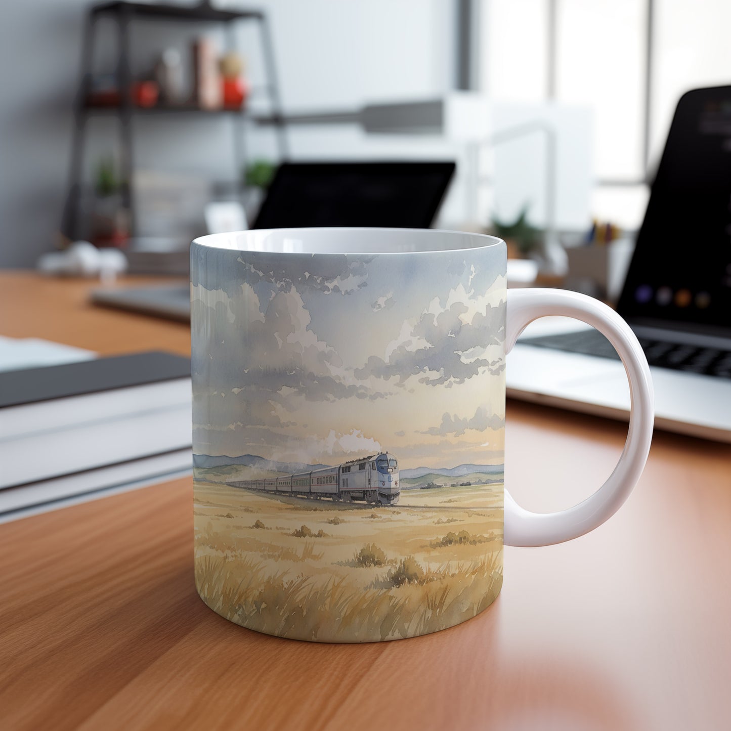 Hrnek s lokomotivou na poli