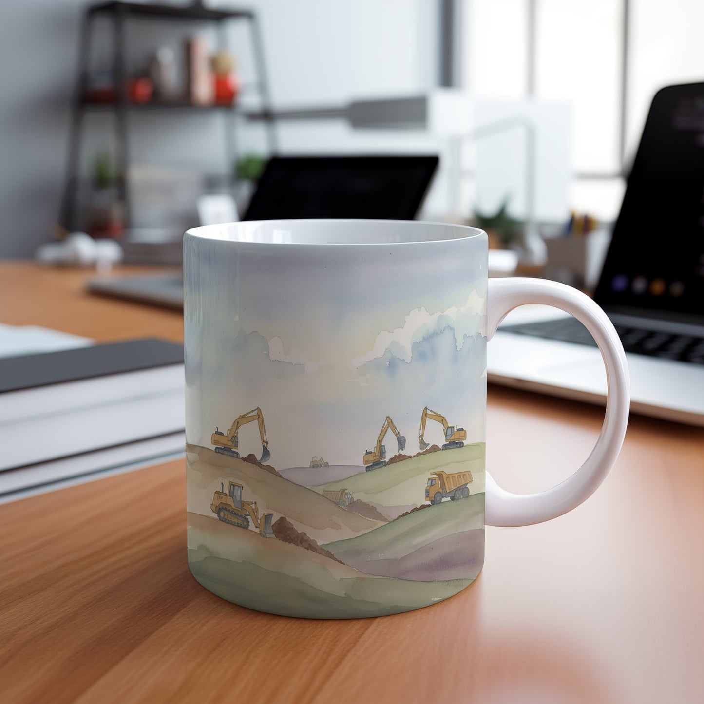 Hrnek se stroji na zvlněné krajině