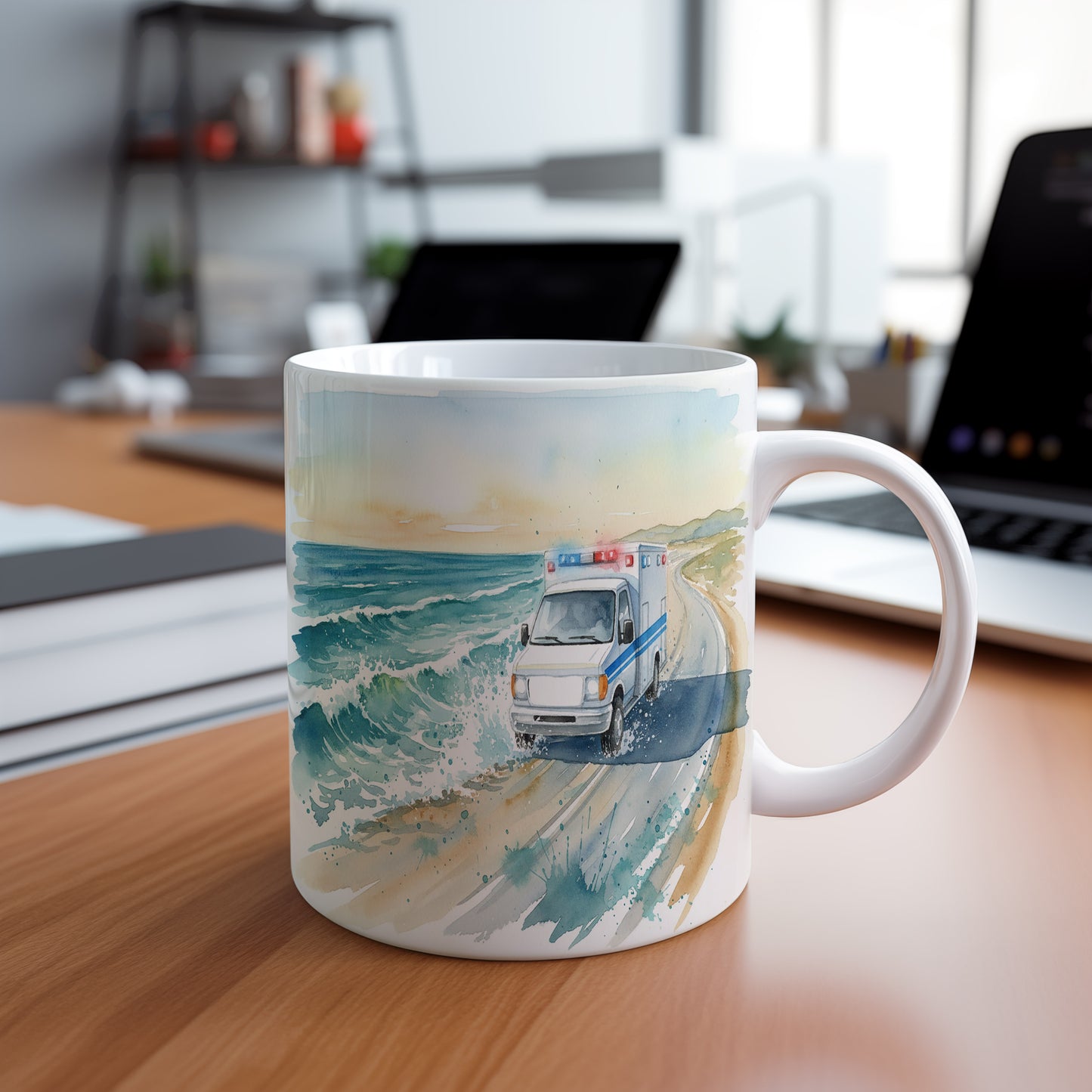 Hrnek s ambulancí na pobřežní silnici