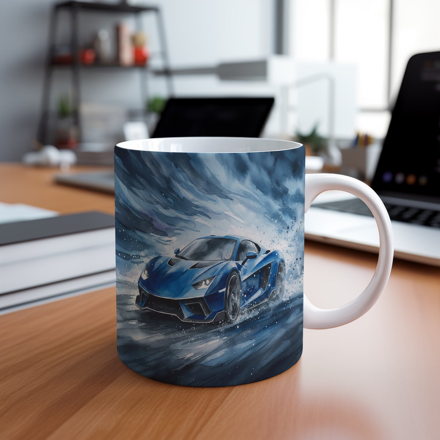 Hrnek s modrým sporťákem v bouři