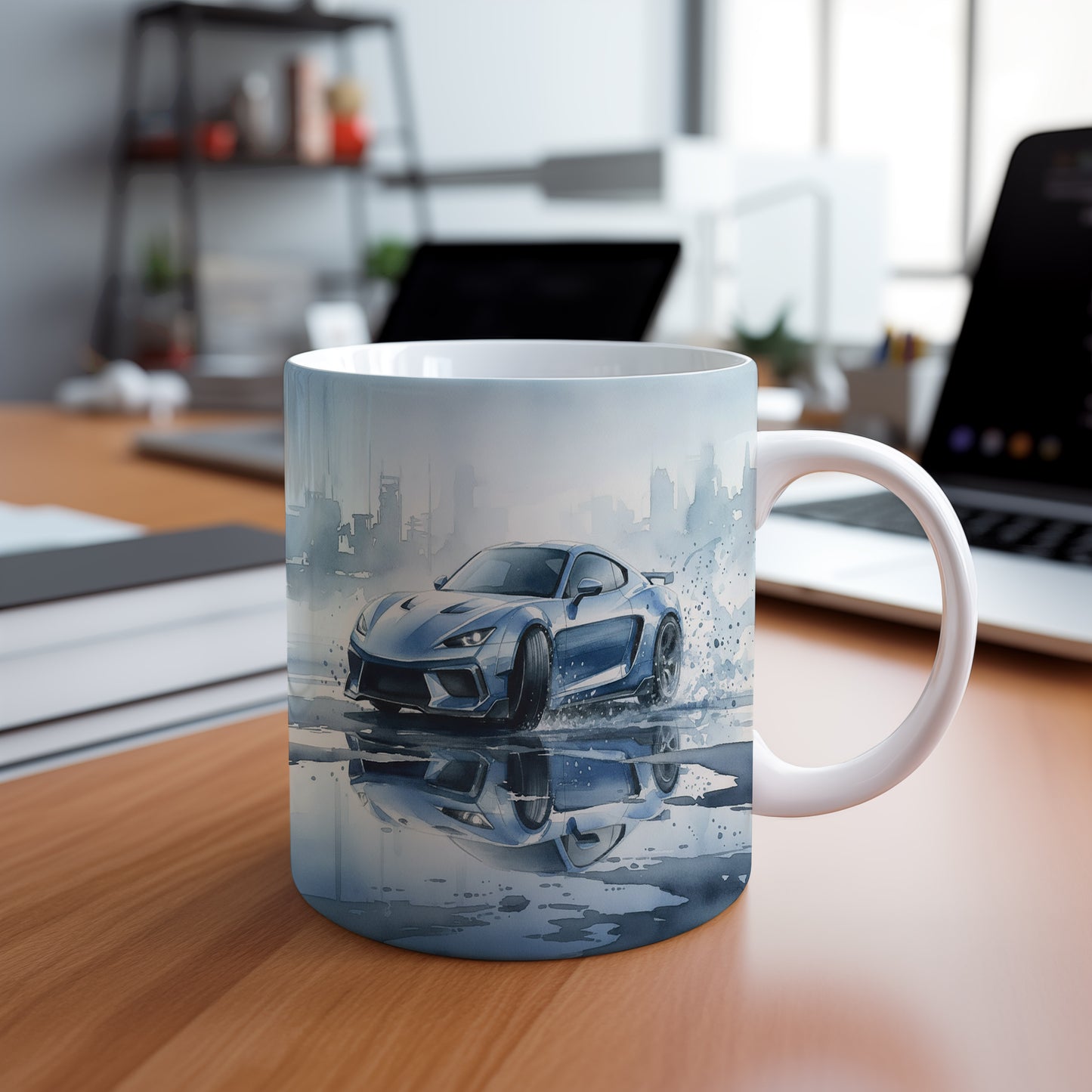 Hrnek s kabrioletem v dešti