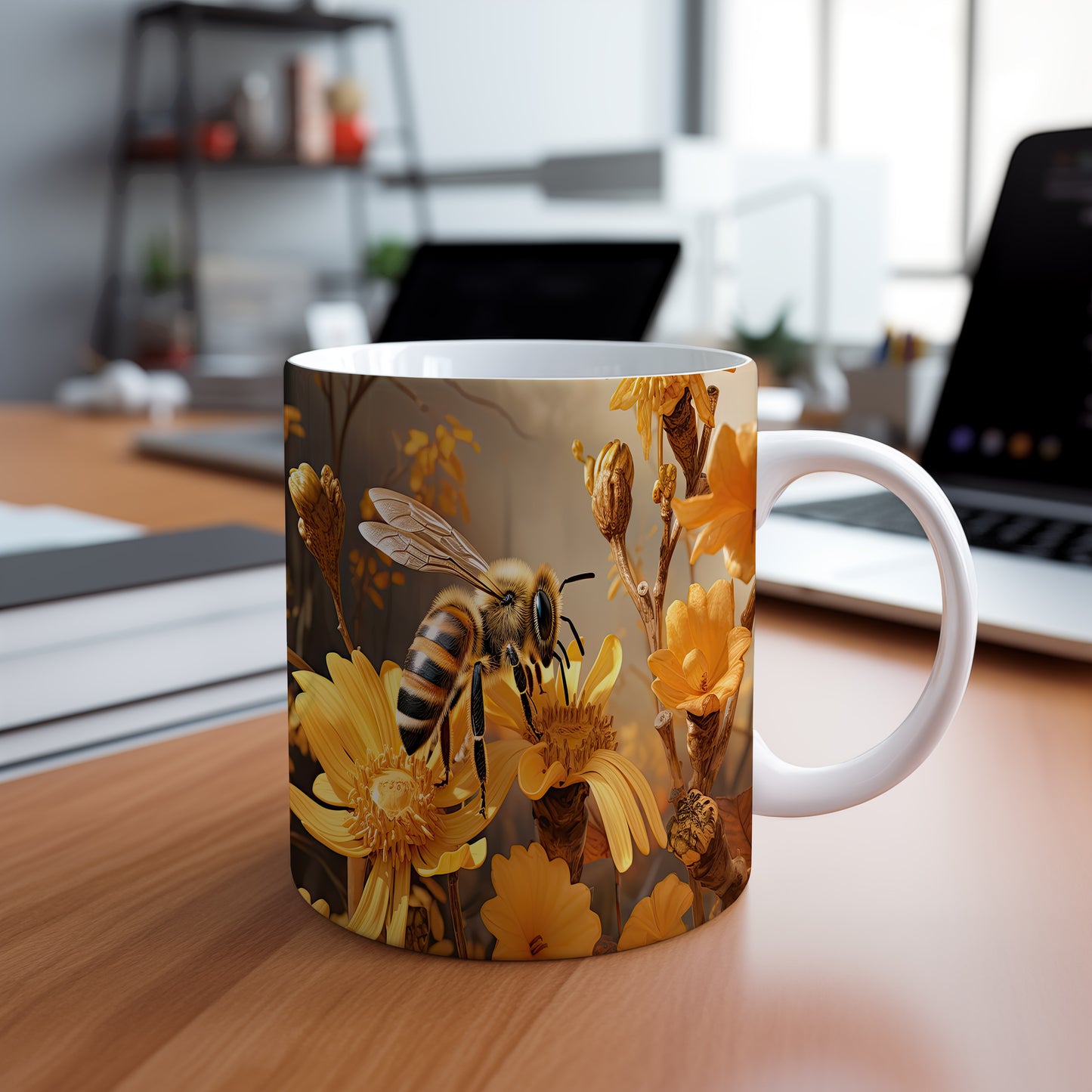 Hrnek s včelou a květinami – malířským vzhledem