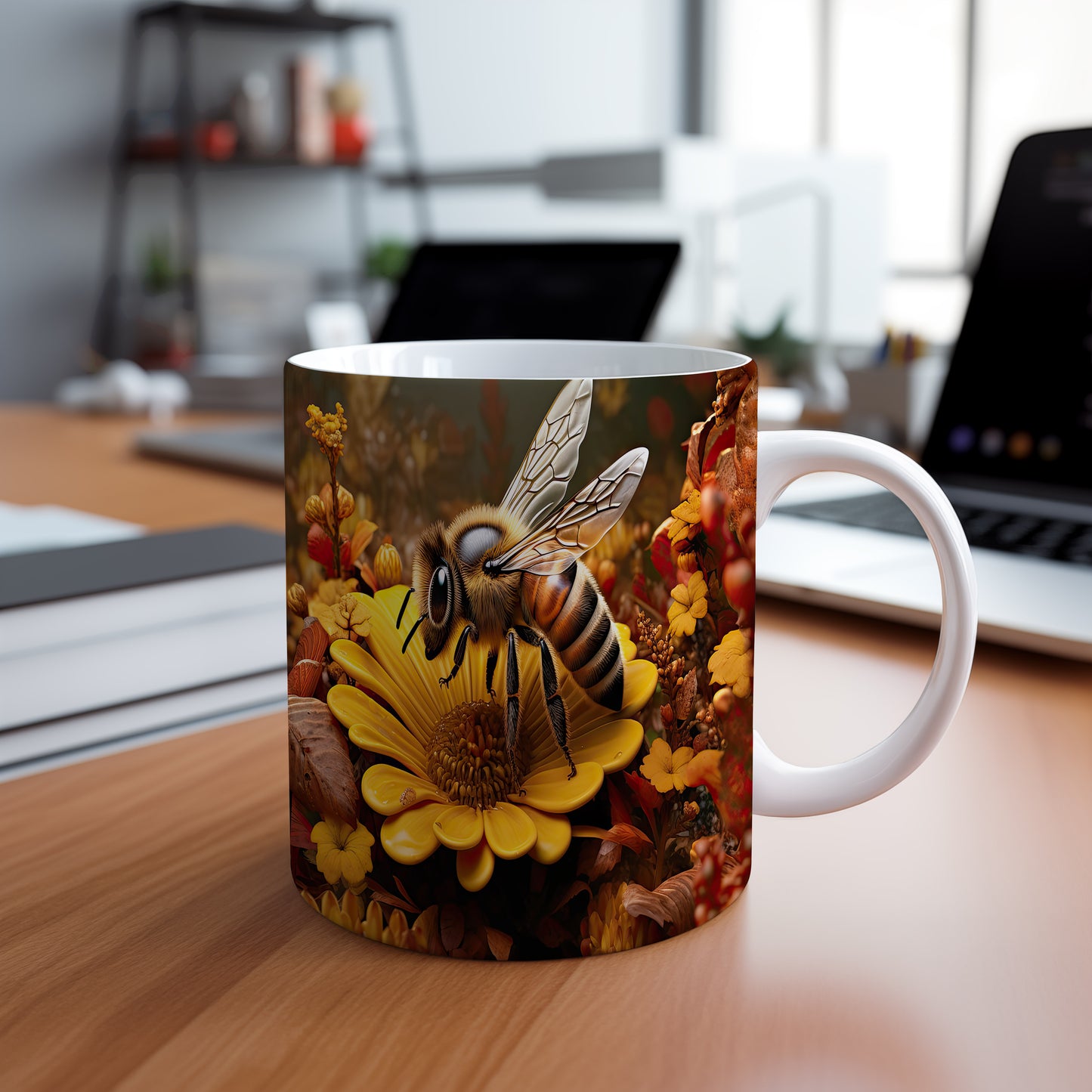 Hrnek s včelou a květinou