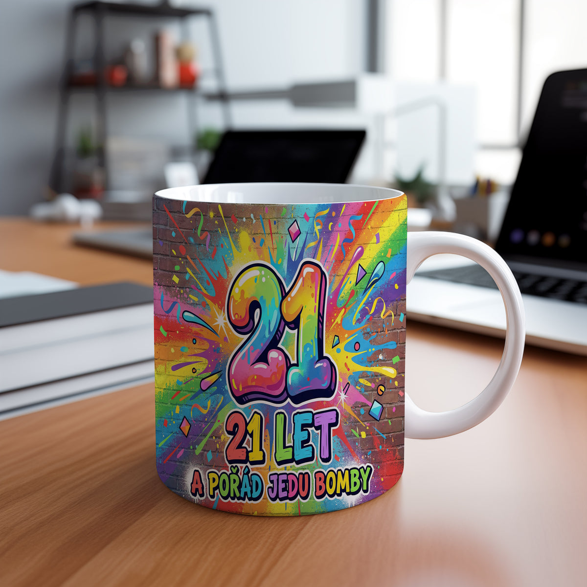Narozeninový hrnek 21 let – 21 LET A POŘÁD JEDU BOMBY
