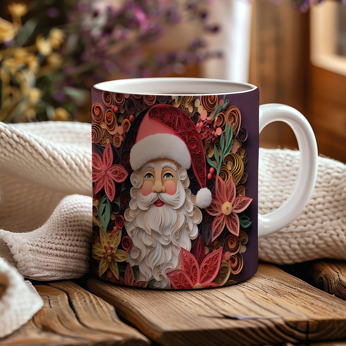 Hrnek s vánočním motivem Santy a květinami