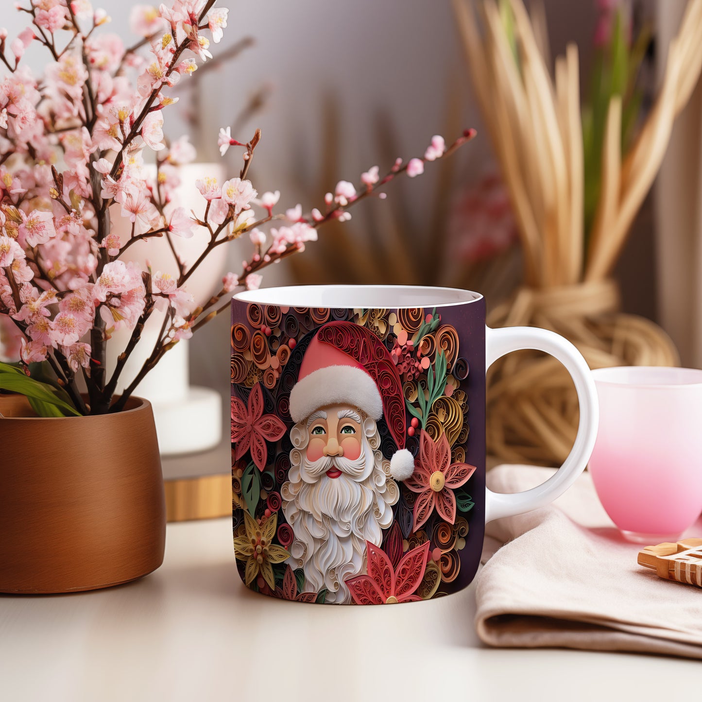 Hrnek s vánočním motivem Santy a květinami