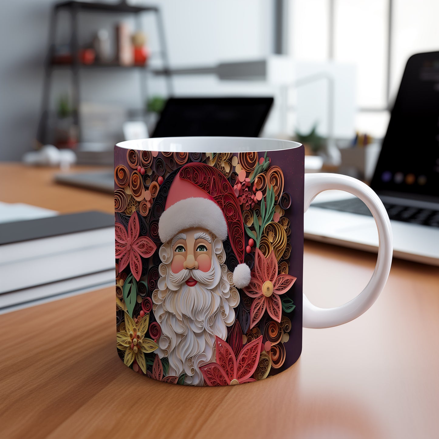 Hrnek s vánočním motivem Santy a květinami