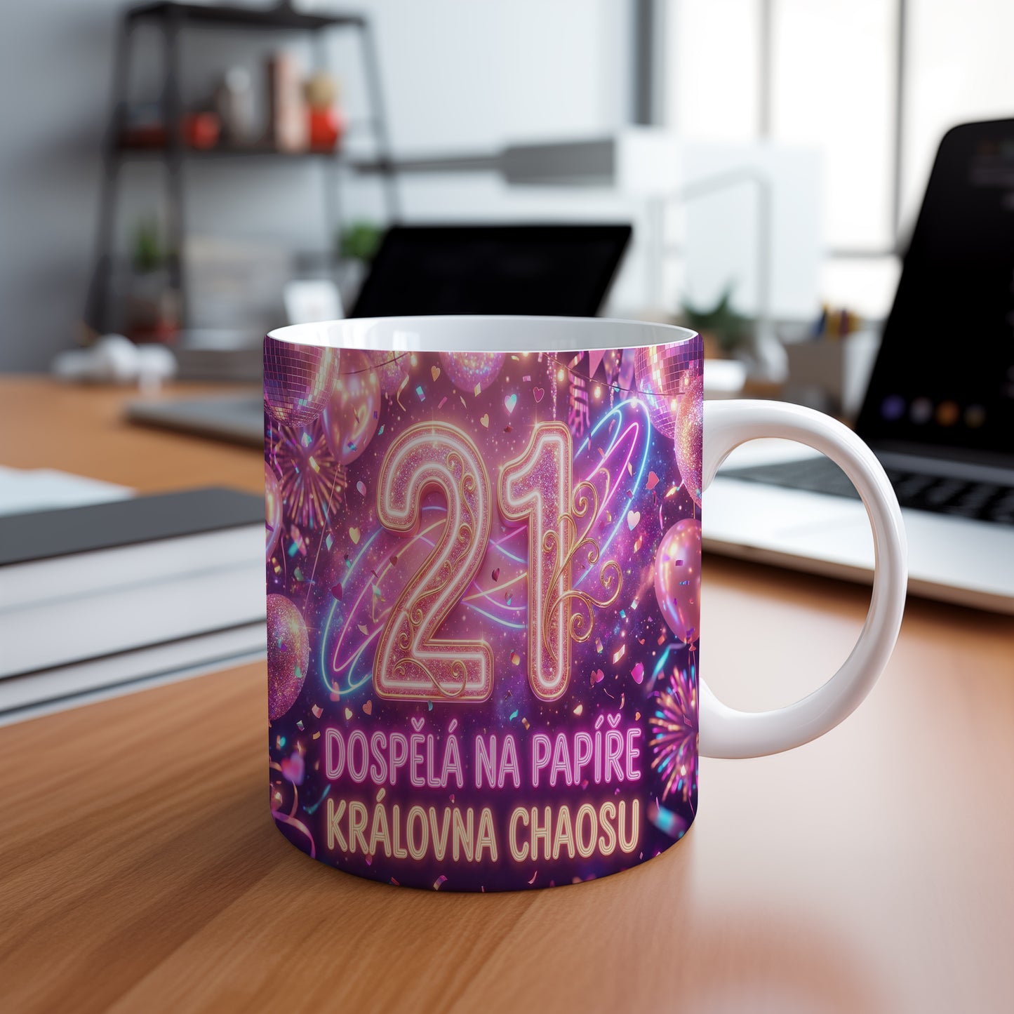 Narozeninový hrnek 21 let – DOSPĚLÁ NA PAPÍŘE KRÁLOVNA CHAOSU