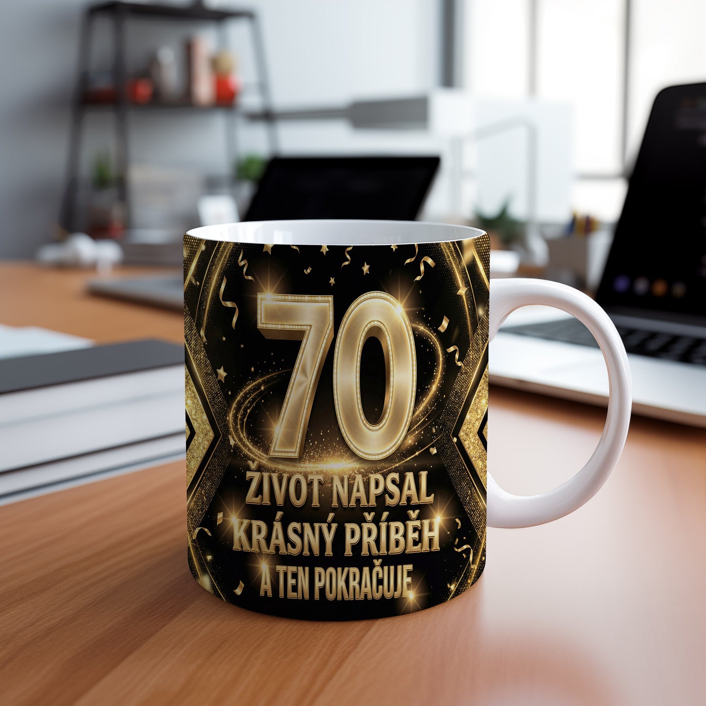 Narozeninový hrnek 70 let – ŽIVOT NAPSAL KRÁSNÝ PŘÍBĚH A TEN POKRAČUJE