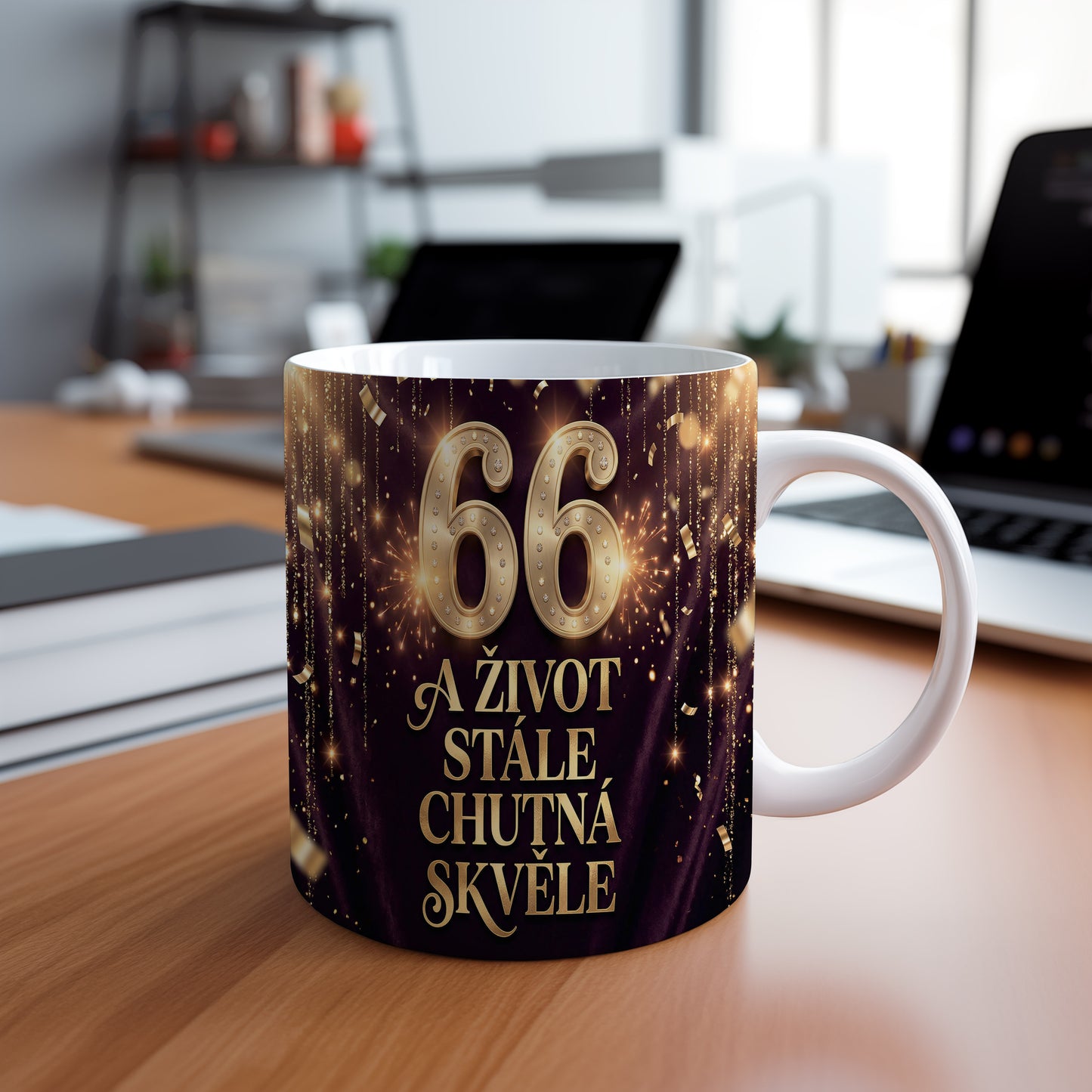 Narozeninový hrnek 66 let – A ŽIVOT STÁLE CHUTNÁ SKVĚLE