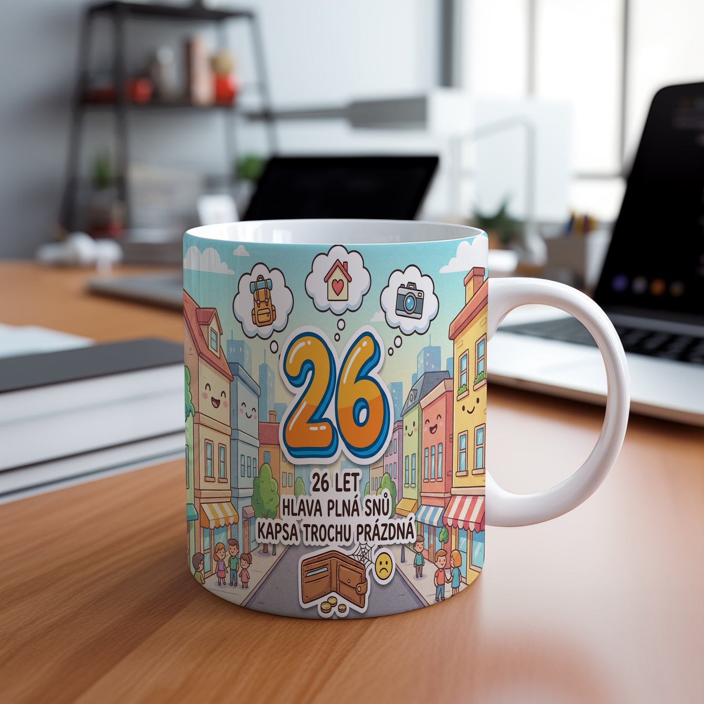 Narozeninový hrnek 26 let – 26 LET HLAVA PLNÁ SNŮ KAPSA TROCHU PRÁZDNÁ
