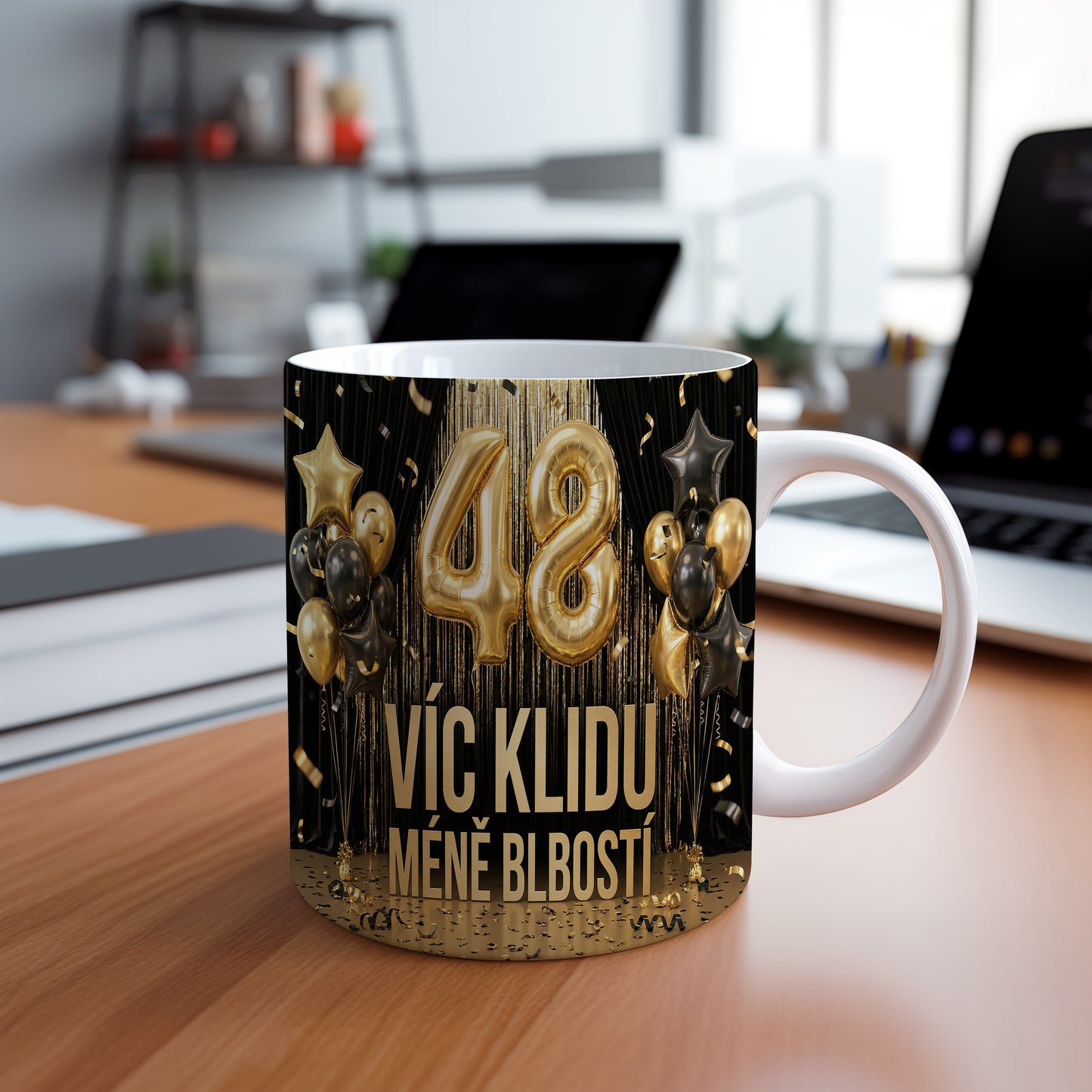 Narozeninový hrnek 48 let – VÍC KLIDU MÉNĚ BLBOSTÍ