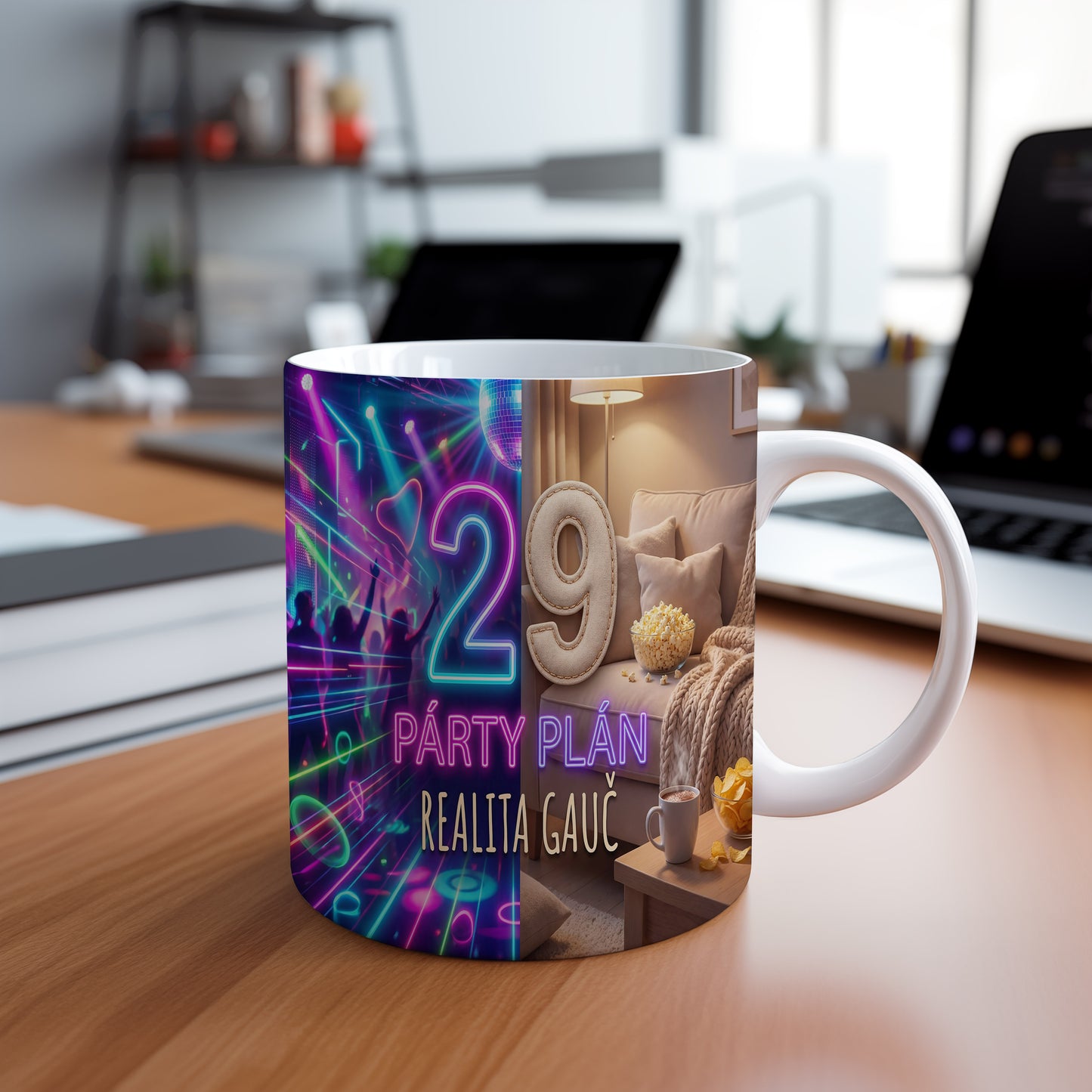 Narozeninový hrnek 29 let – PÁRTY PLÁN REALITA GAUČ