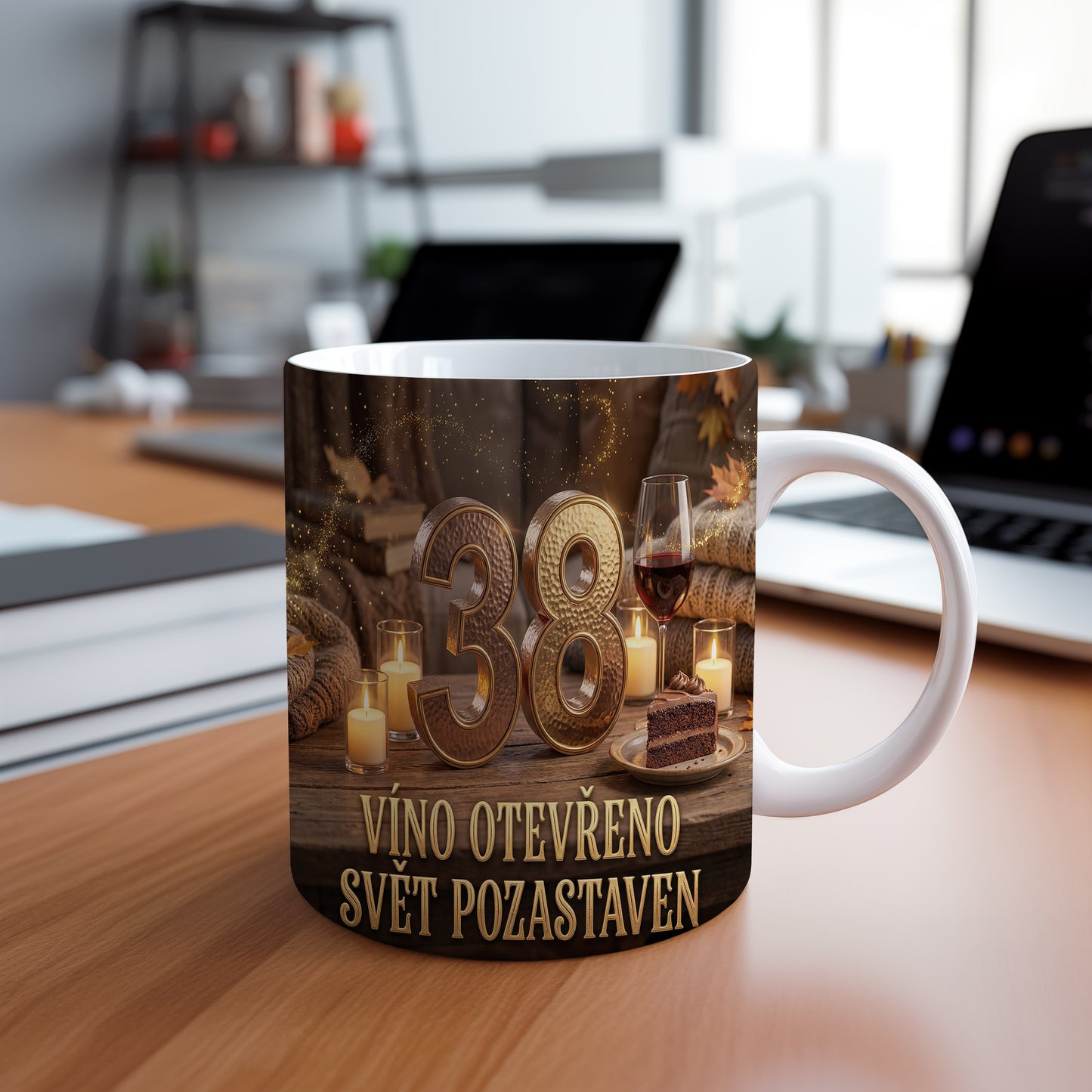 Narozeninový hrnek 38 let – VÍNO OTEVŘENO, SVĚT POZASTAVEN