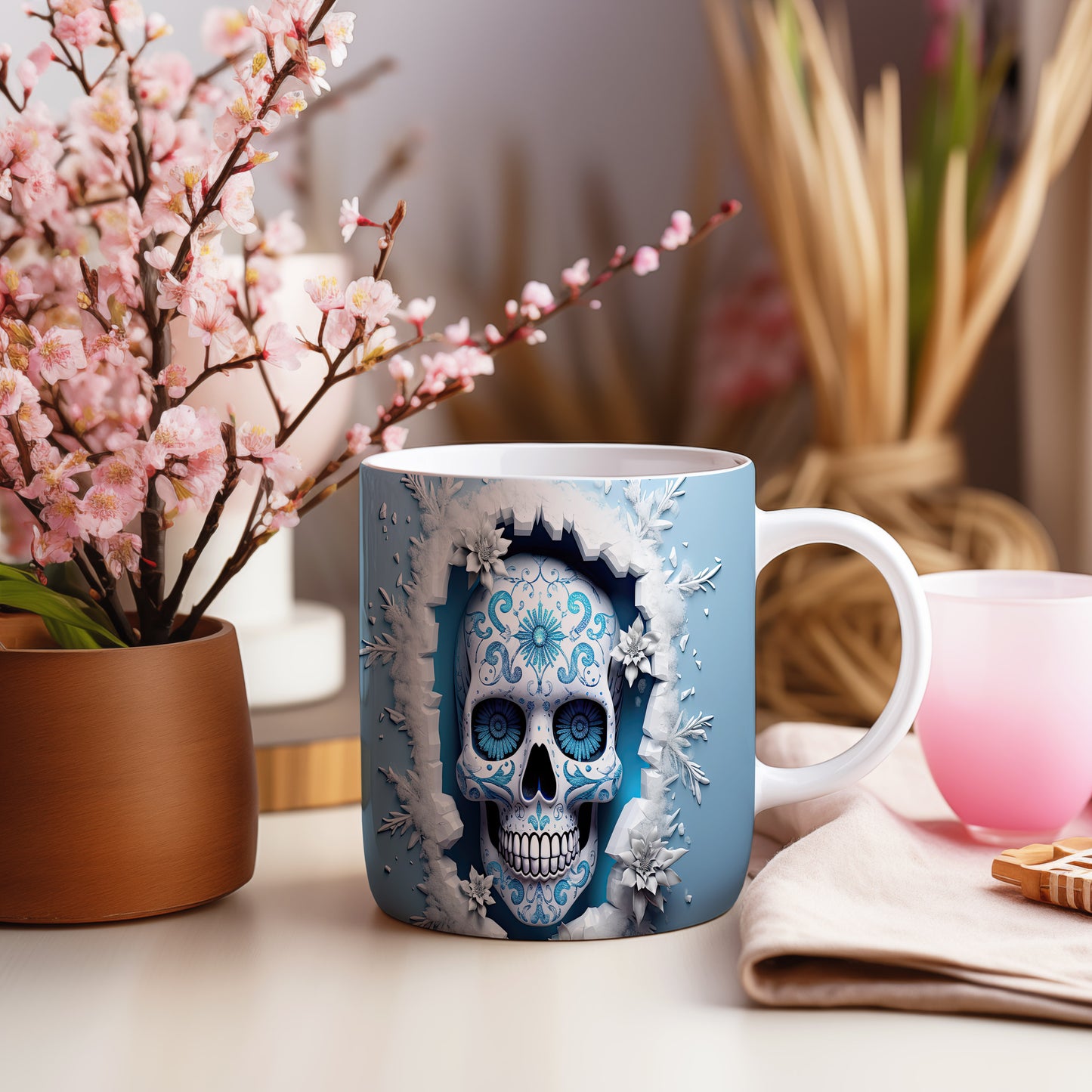 Hrnek s lebkou a modrými ornamenty