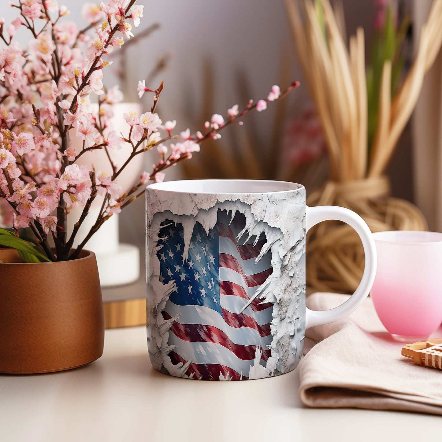 Hrnek s realistickým motivem americké vlajky a 3D efektem