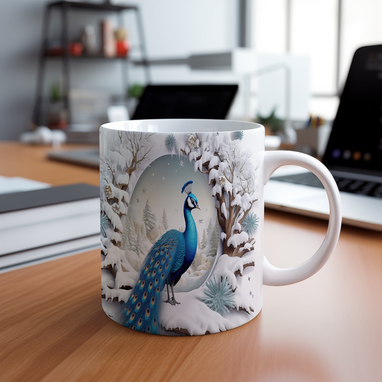 Hrnek s krásným pávem v zimní scenérii