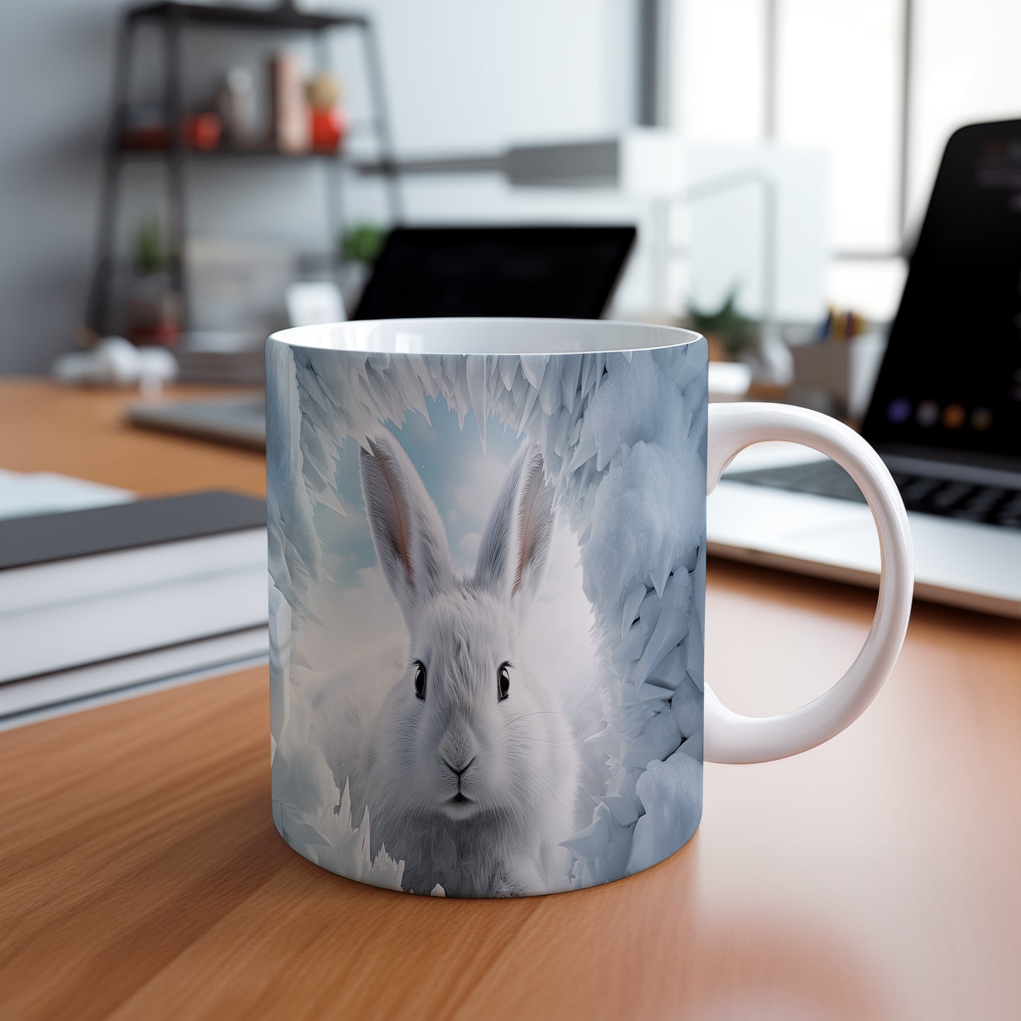 Hrnek s bílým králíkem v zimní scenérii