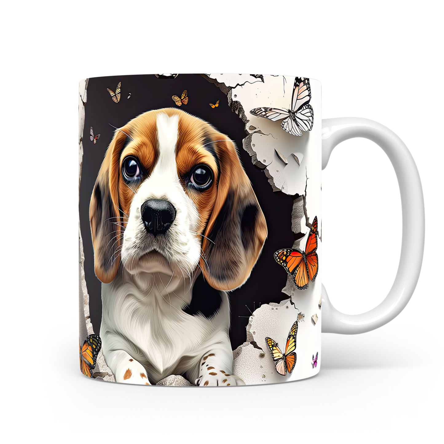 Hrnek s beagle štěnětem a motýly