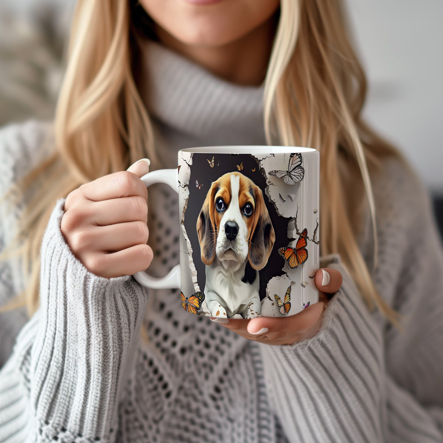 Hrnek s beagle štěnětem a motýly