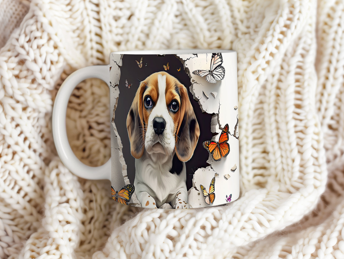 Hrnek s beagle štěnětem a motýly