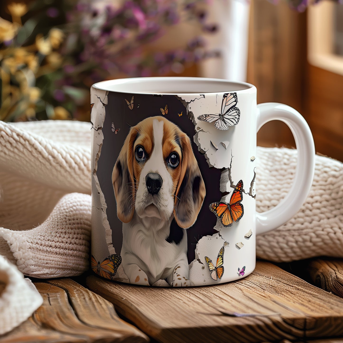 Hrnek s beagle štěnětem a motýly