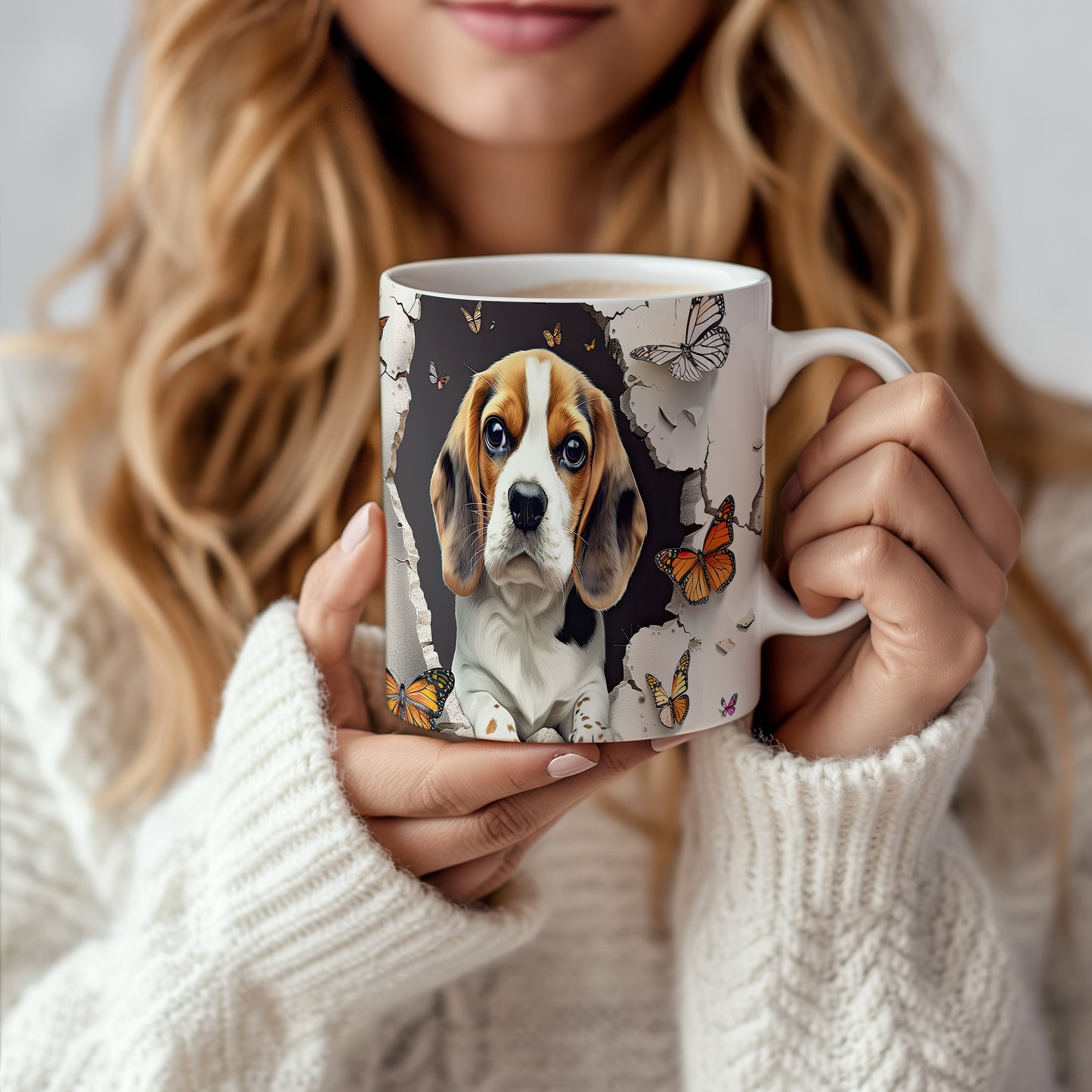Hrnek s beagle štěnětem a motýly