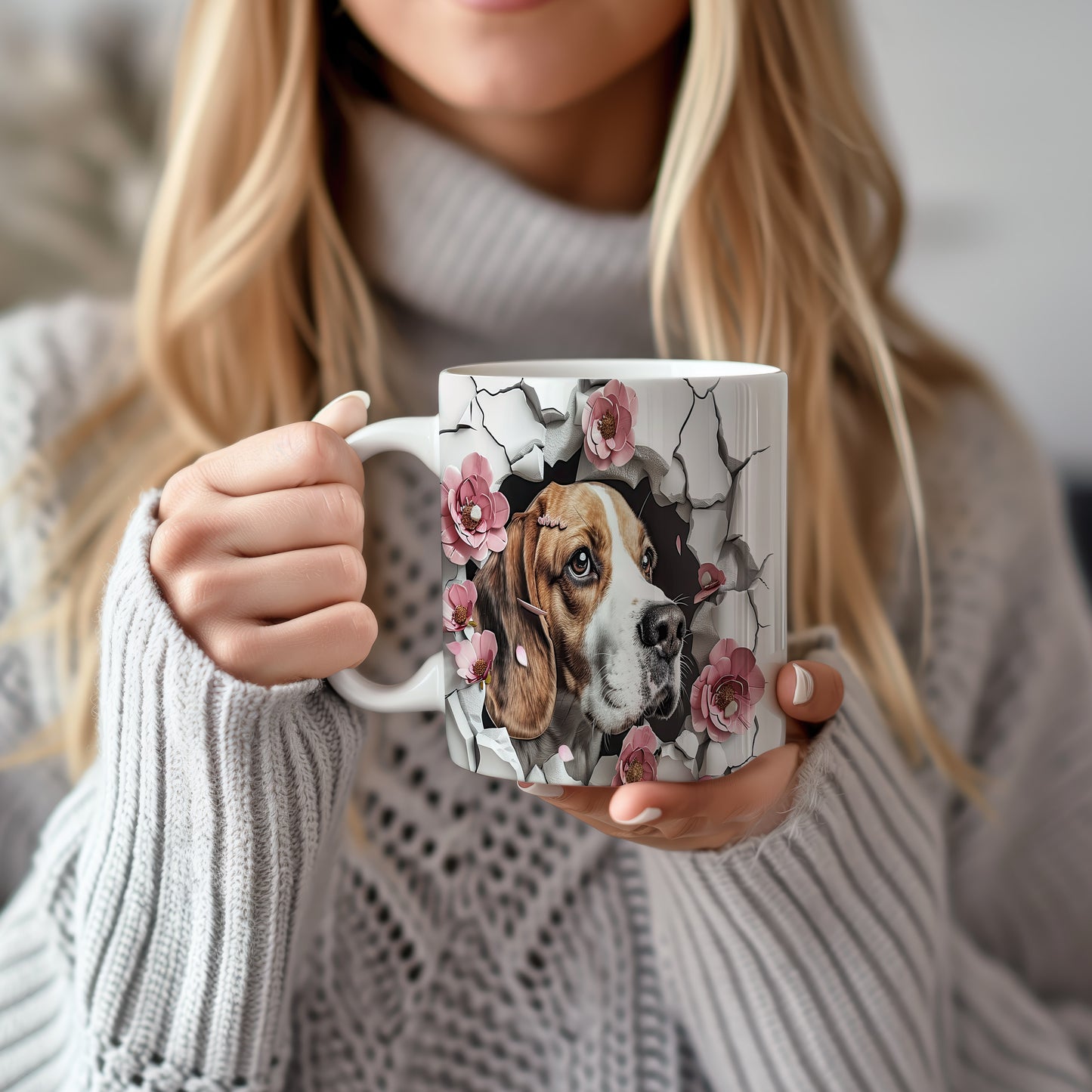 Hrnek s beagle psem a květinami