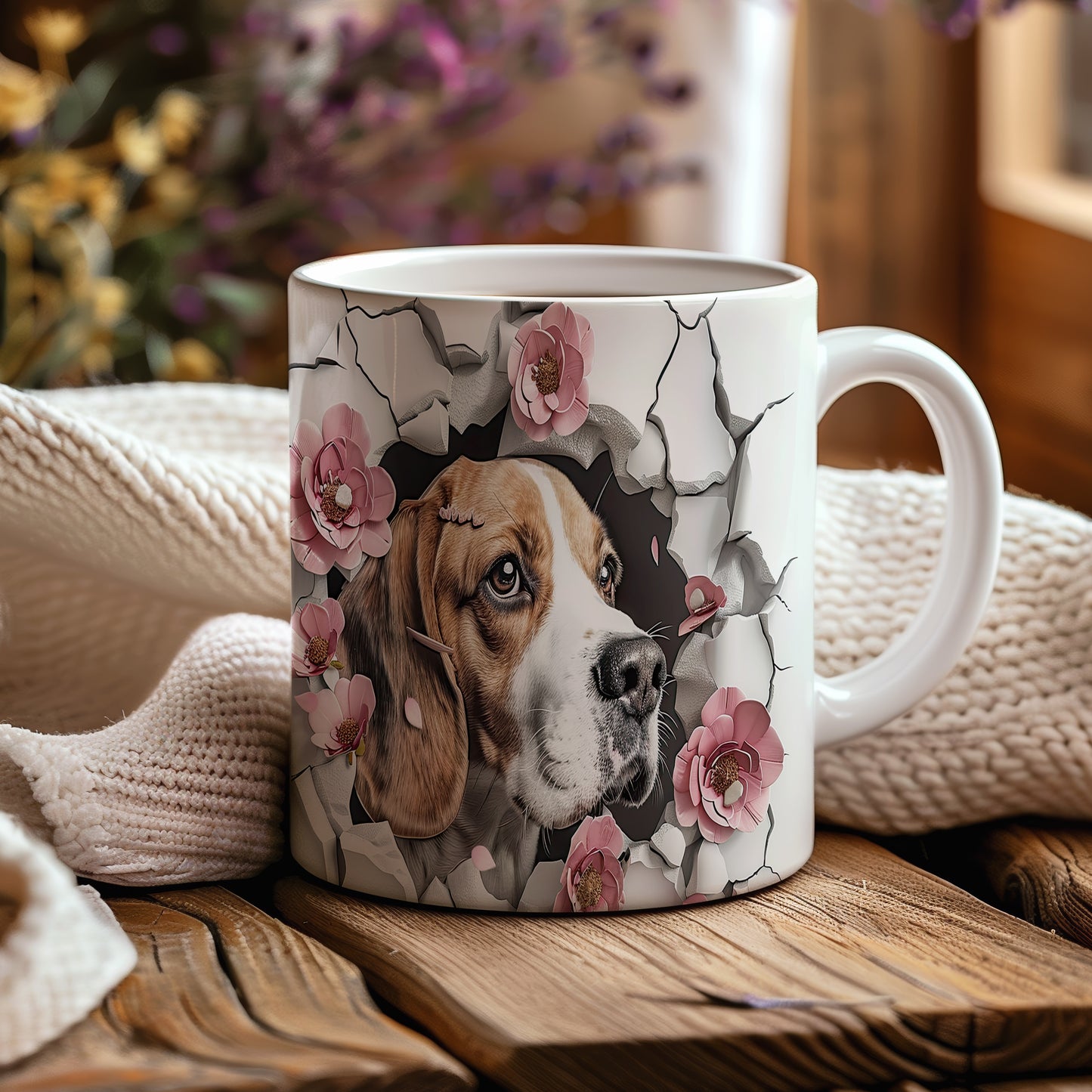 Hrnek s beagle psem a květinami