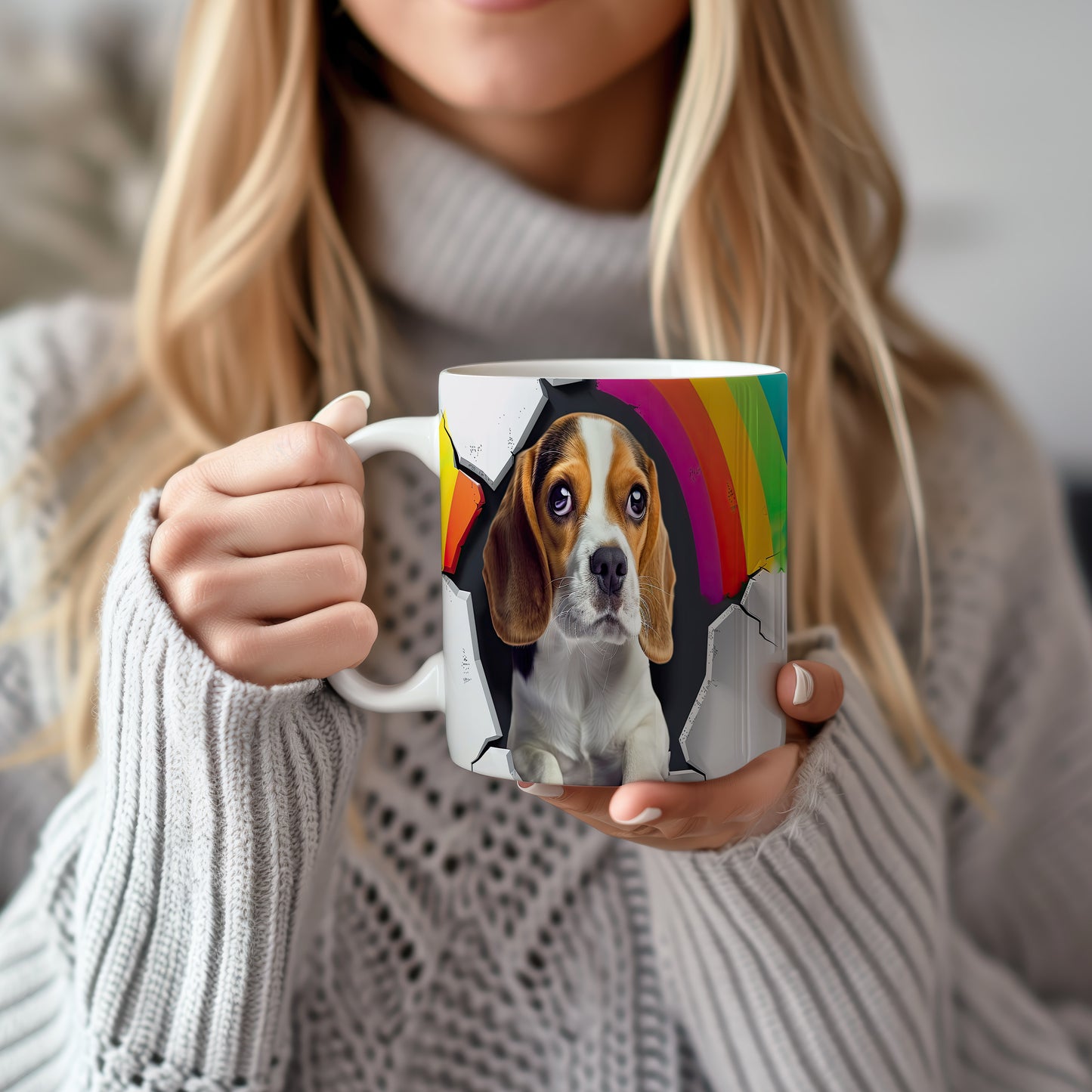 Hrnek s beagle psem a duhou – černobílým motivem
