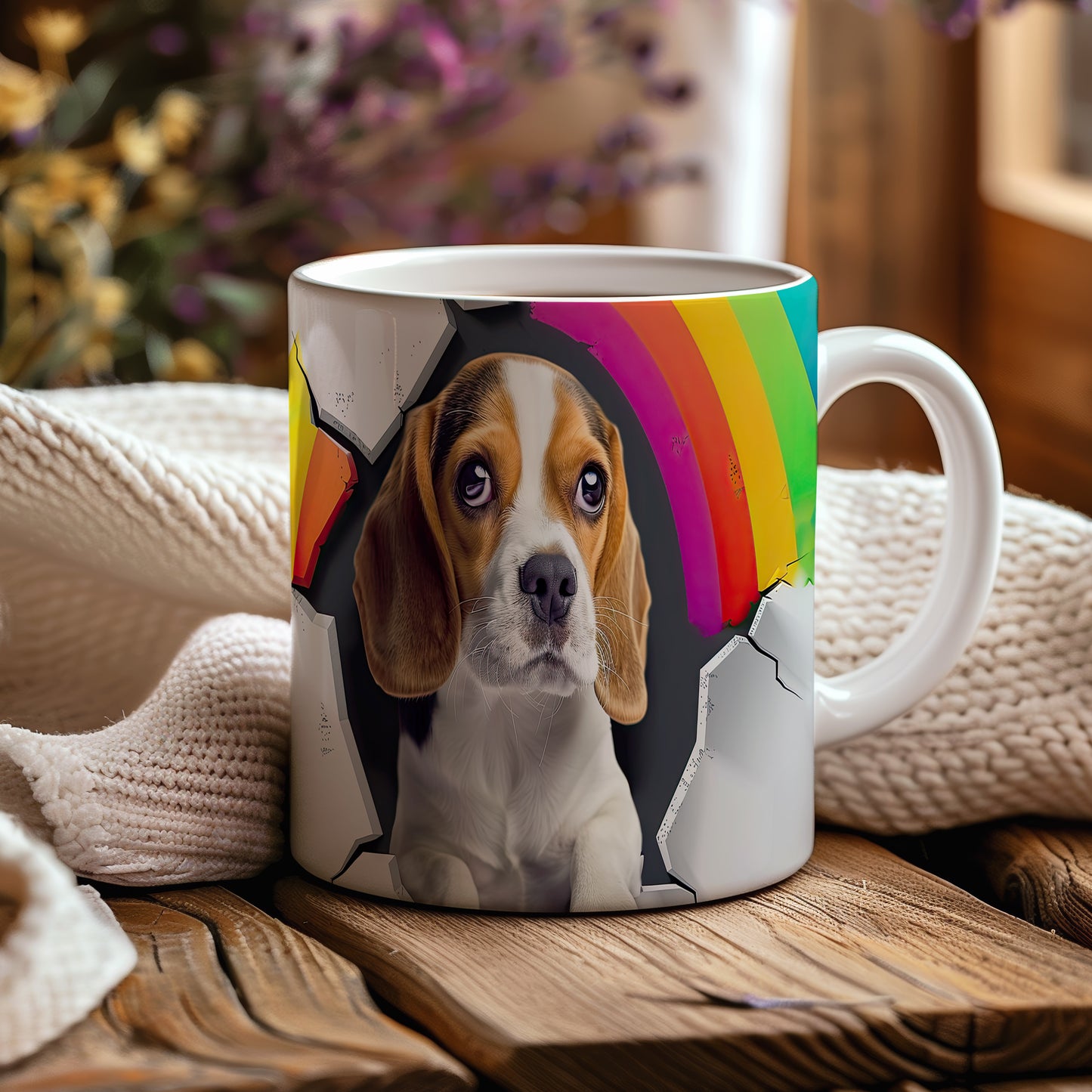 Hrnek s beagle psem a duhou – černobílým motivem