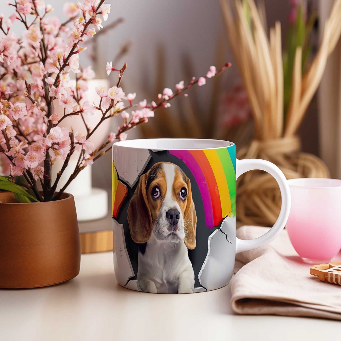 Hrnek s beagle psem a duhou – černobílým motivem