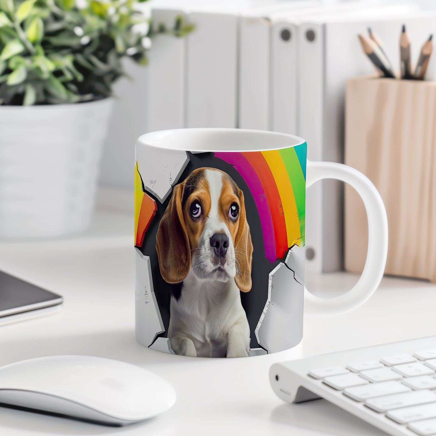 Hrnek s beagle psem a duhou – černobílým motivem