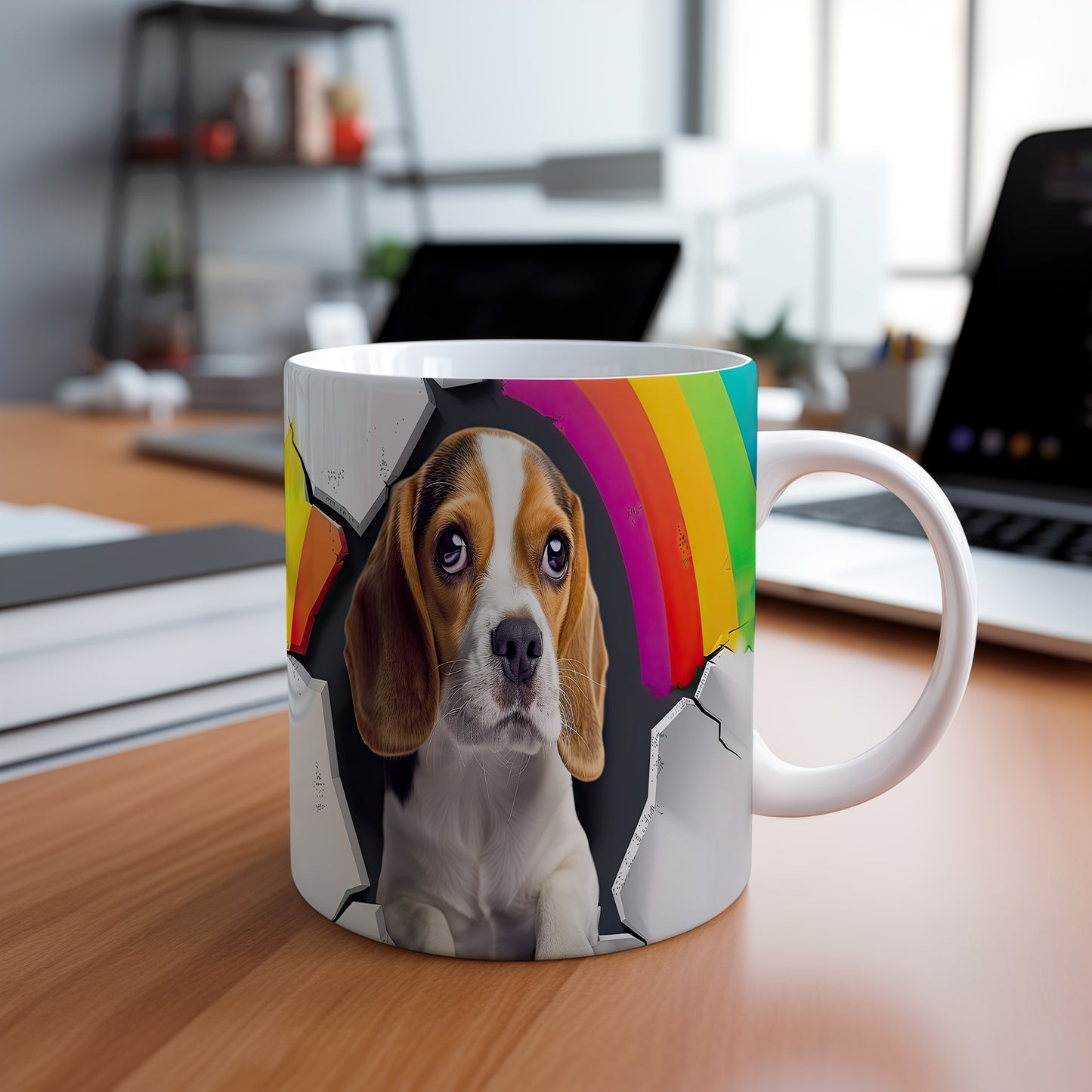 Hrnek s beagle psem a duhou – černobílým motivem