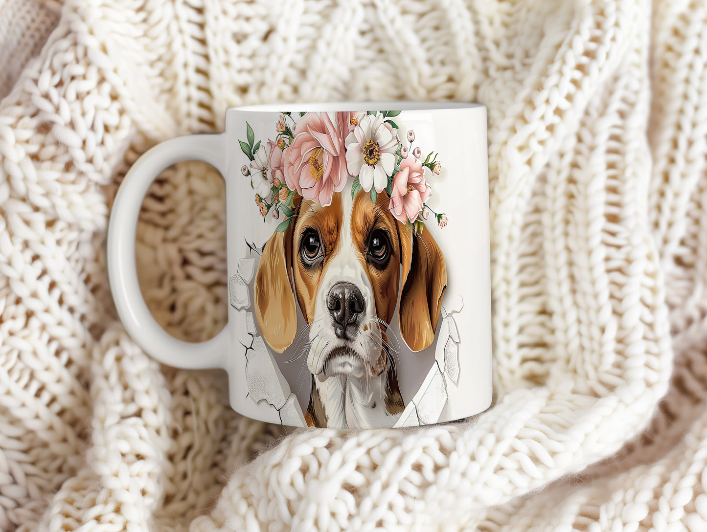 Hrnek s Beagle psem v květinové koruně