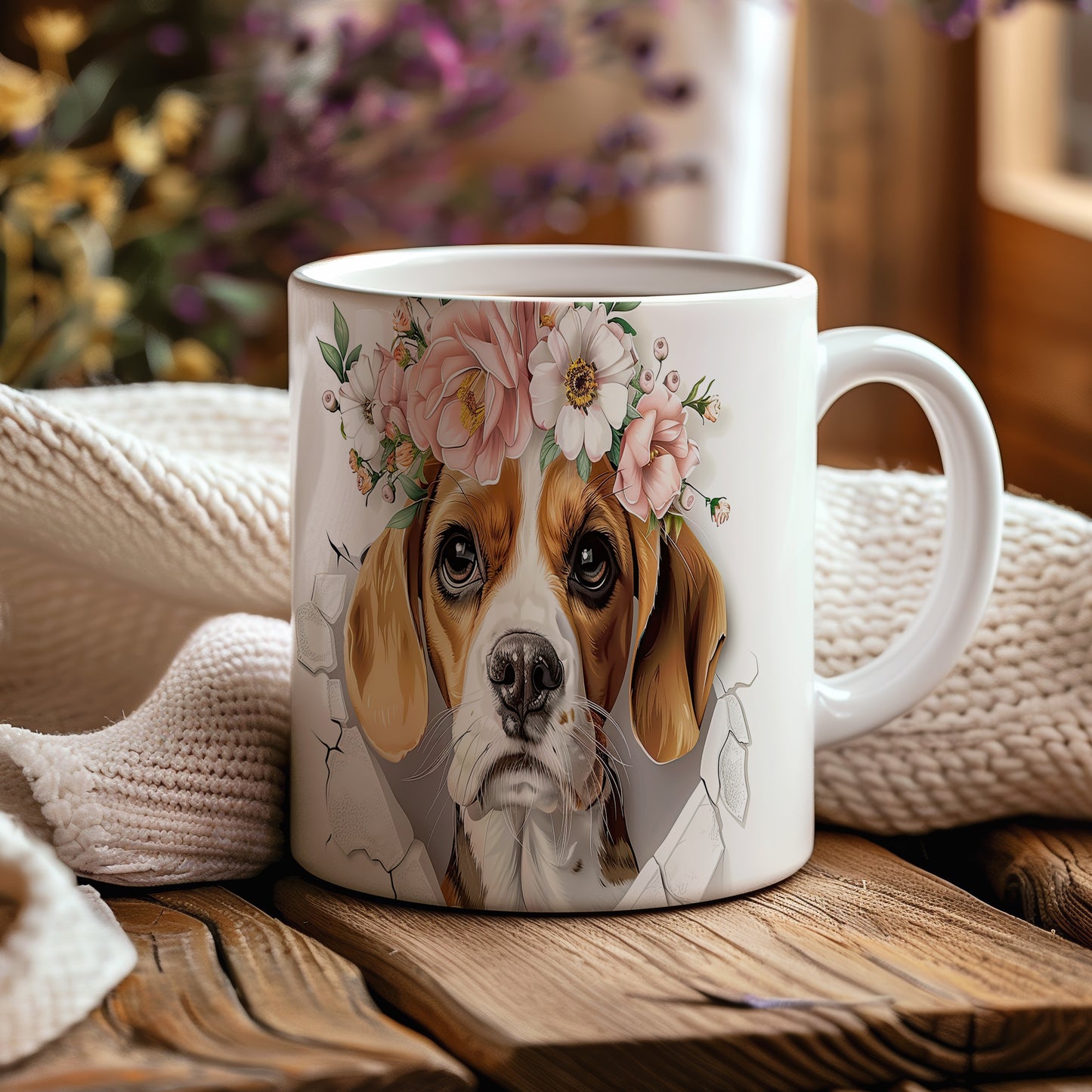 Hrnek s Beagle psem v květinové koruně