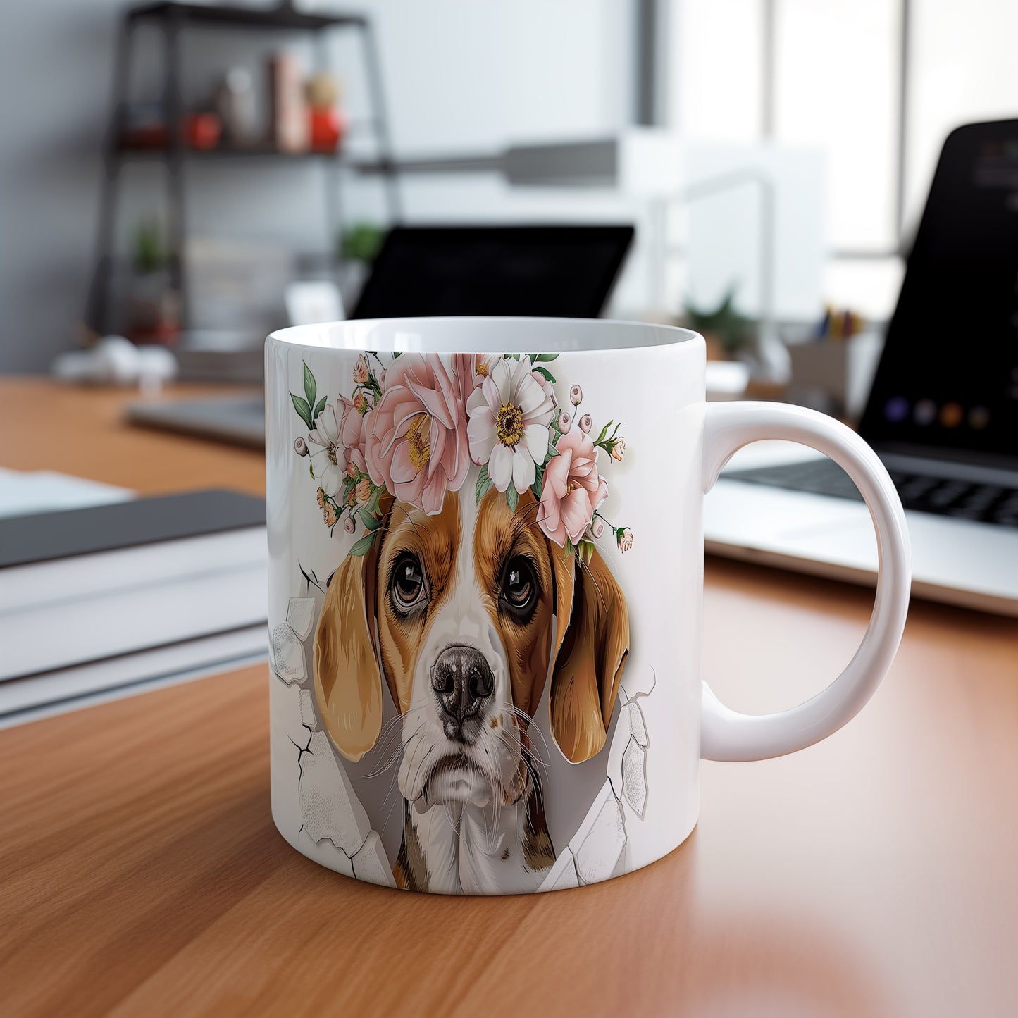 Hrnek s Beagle psem v květinové koruně