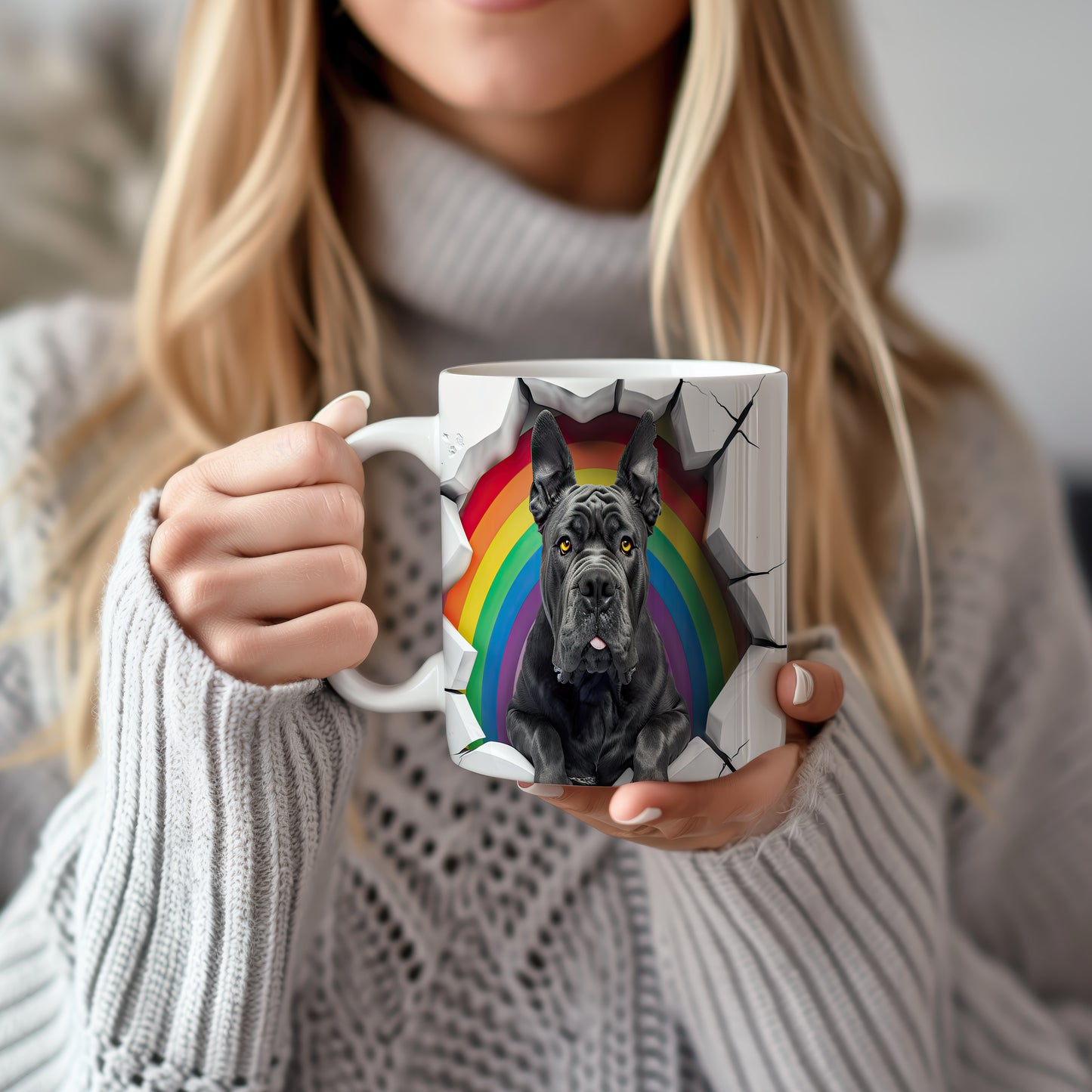 Hrnek se černým cane corso a duhovým 3D efektem