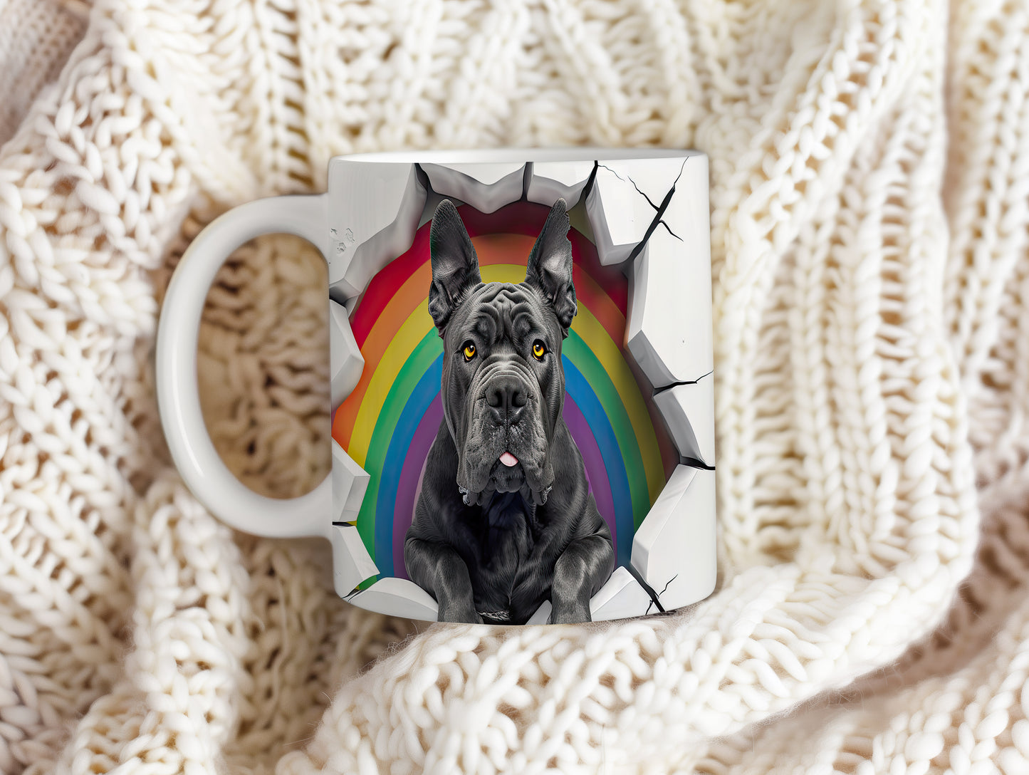 Hrnek se černým cane corso a duhovým 3D efektem