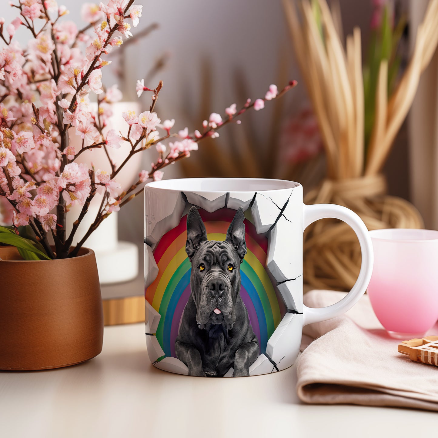 Hrnek se černým cane corso a duhovým 3D efektem