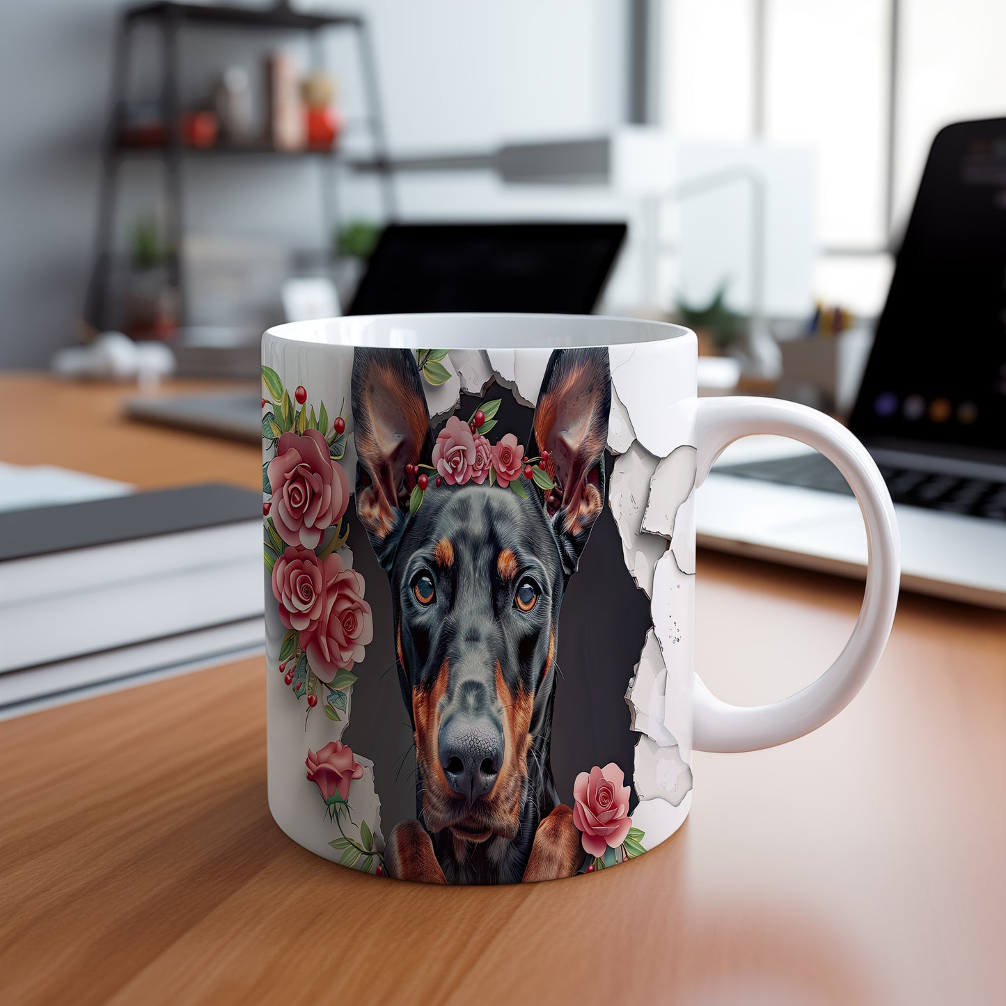Hrnek s dobermanem a květinovým věncem