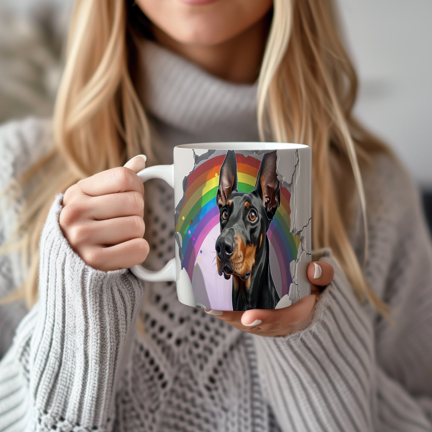 Hrnek s dobermanem ovčákem a duhovým 3D efektem