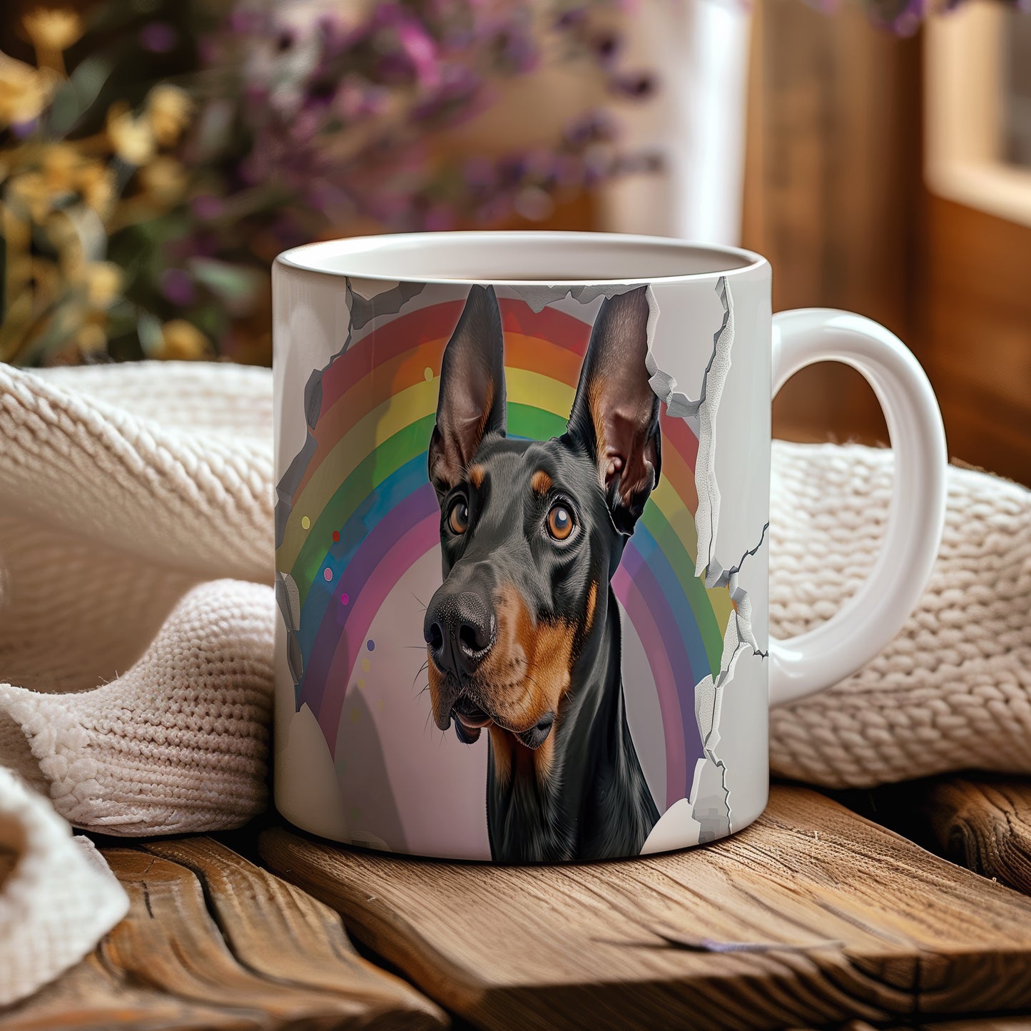 Hrnek s dobermanem ovčákem a duhovým 3D efektem