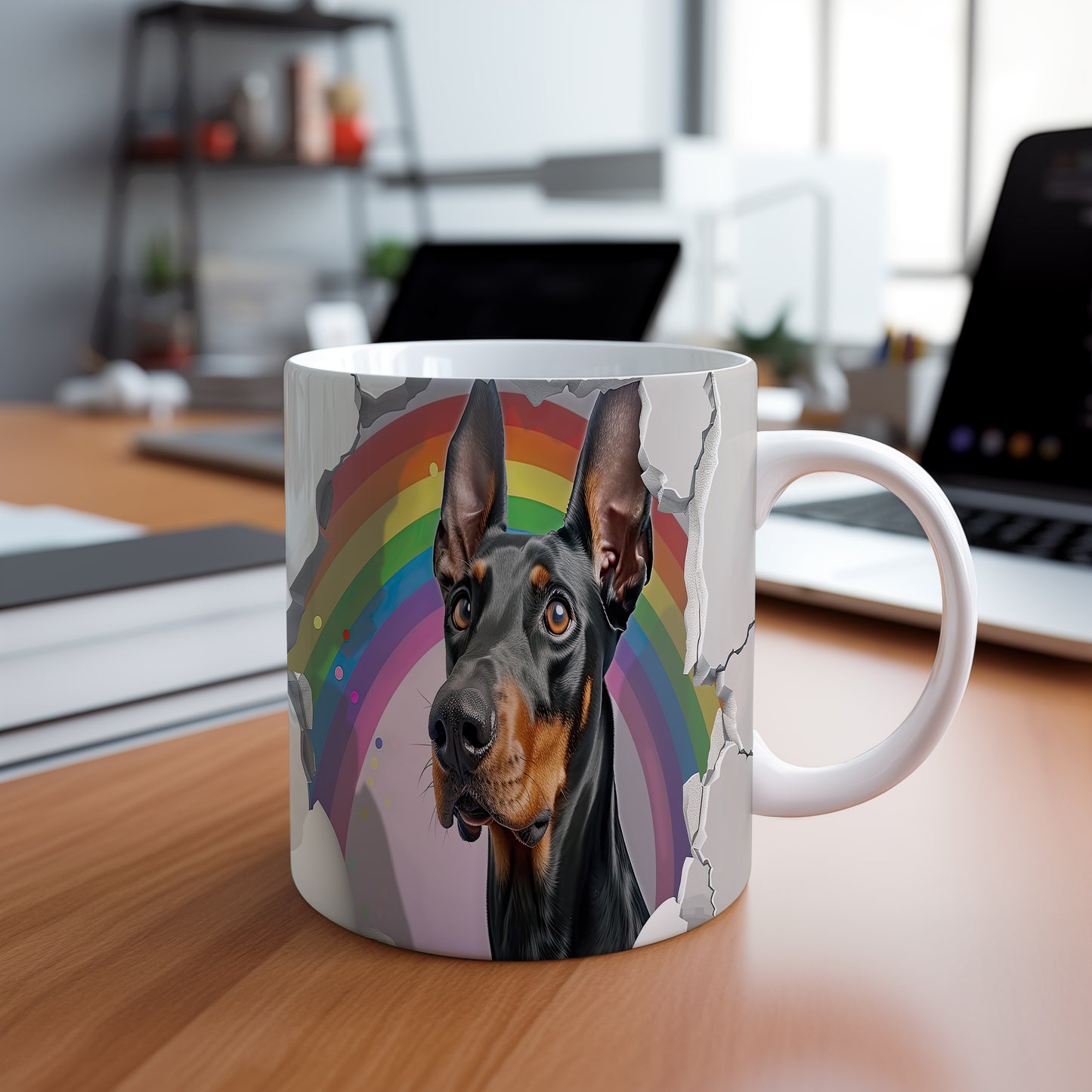 Hrnek s dobermanem ovčákem a duhovým 3D efektem