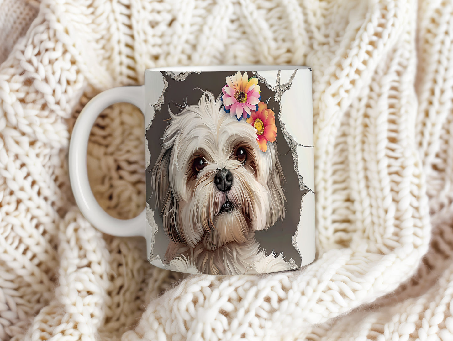 Hrnek se šťastným shihtzu a květy