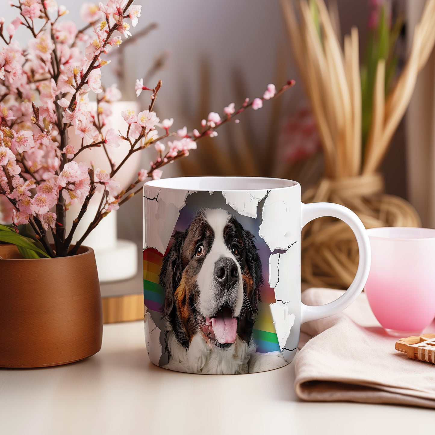 Hrnek se šťastným bernardýnem ovčákem a 3D efektem