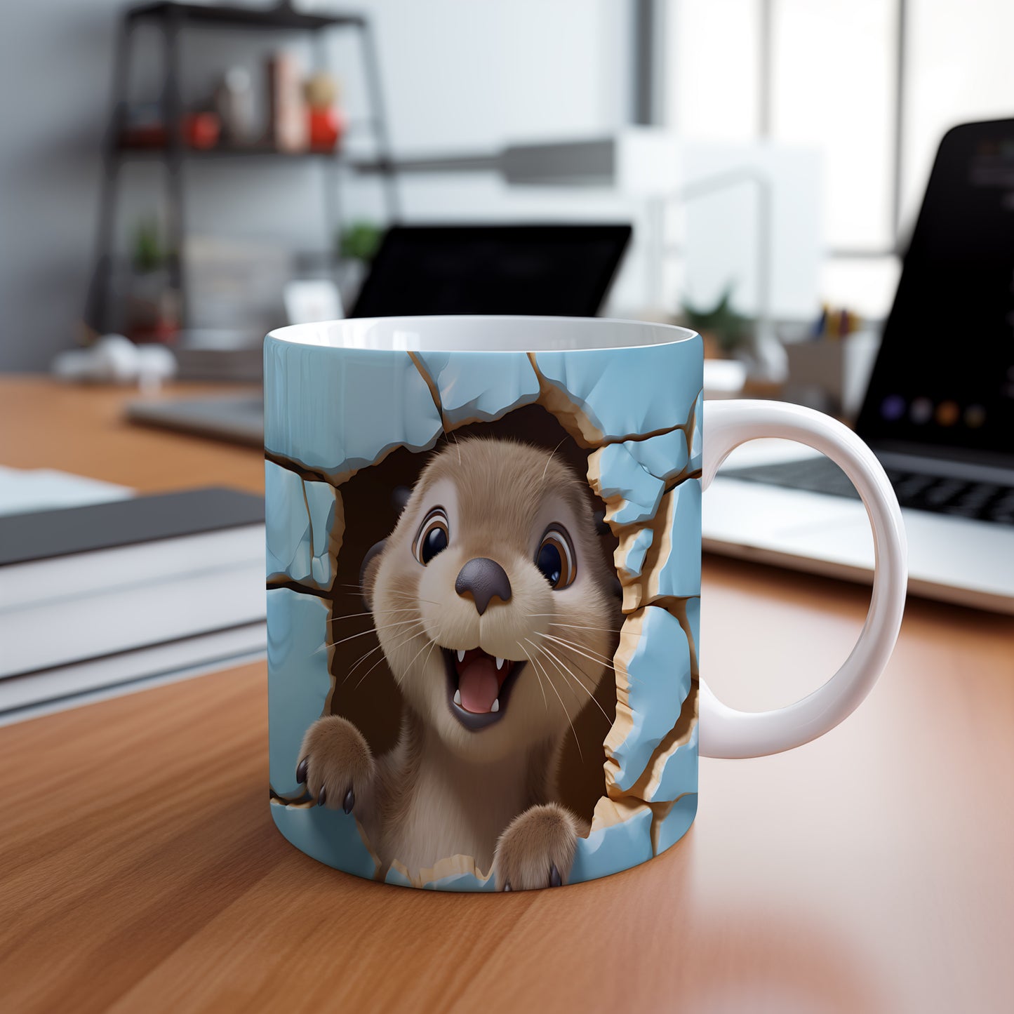 Hrnek s roztomilou vydrou 3D efektem – modrými detaily