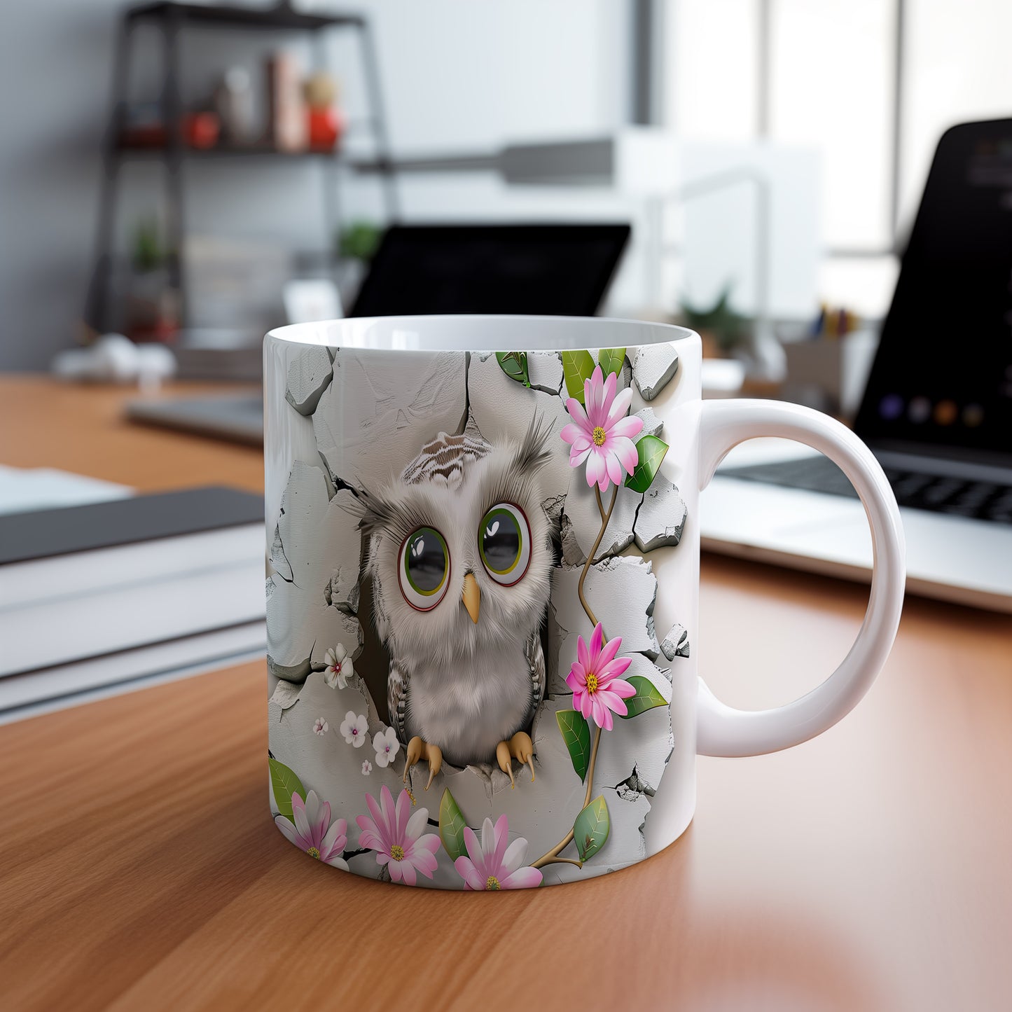 Hrnek s roztomilou sovou a květinami