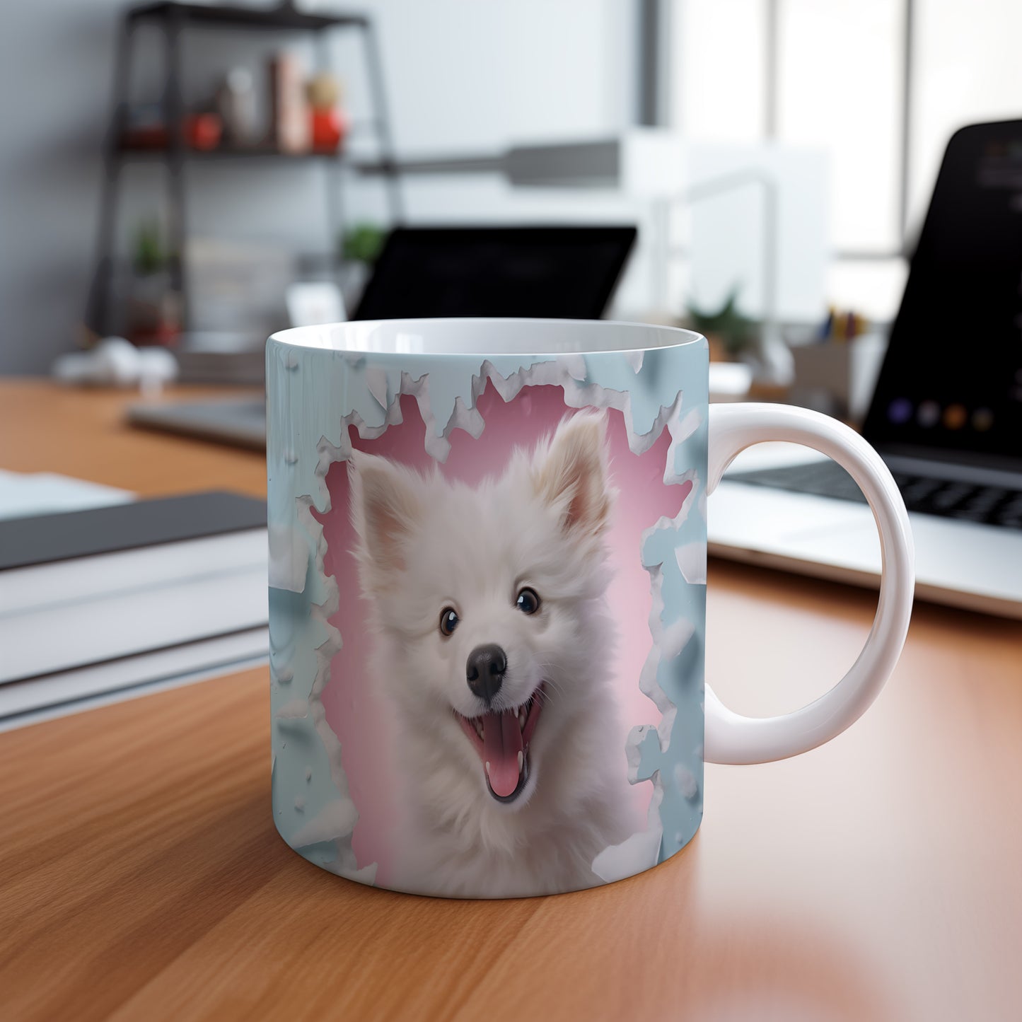 Hrnek s veselým obličejem samojeda